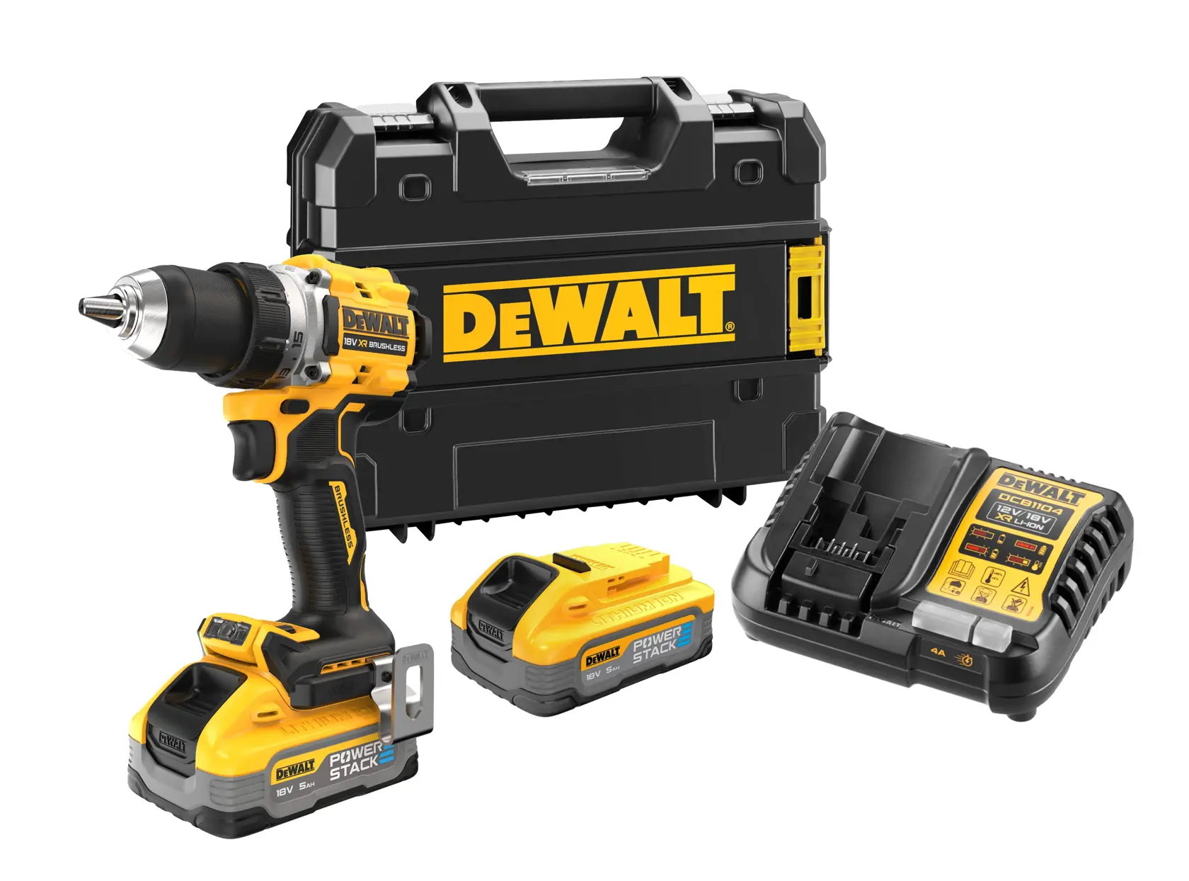 Conjunto de furadeira sem fio DEWALT, incluindo uma furadeira amarela e preta, dois pacotes de baterias, um carregador de bateria e uma maleta rígida com a marca DEWALT.