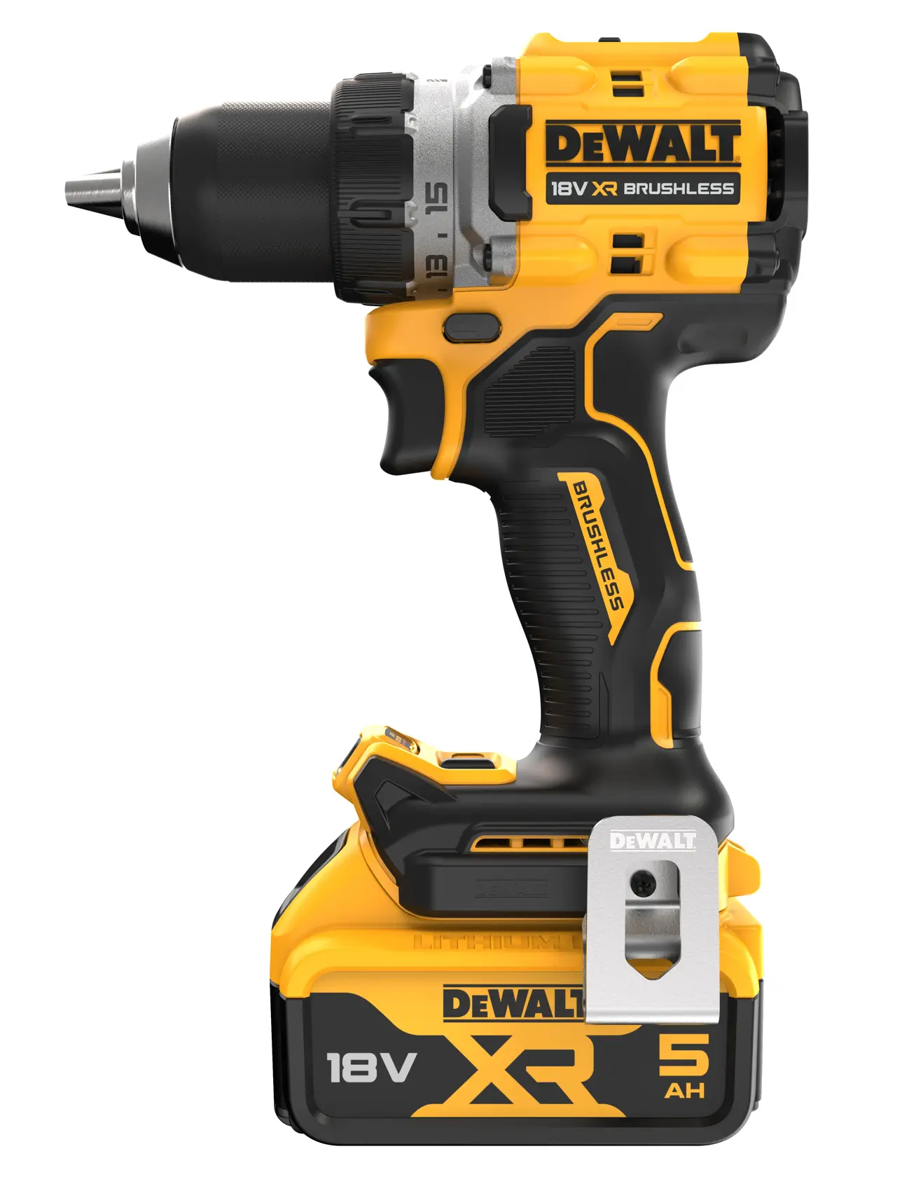 Taladro inalámbrico DEWALT 18V XR brushless con batería 5Ah, amarillo y negro, vista lateral.