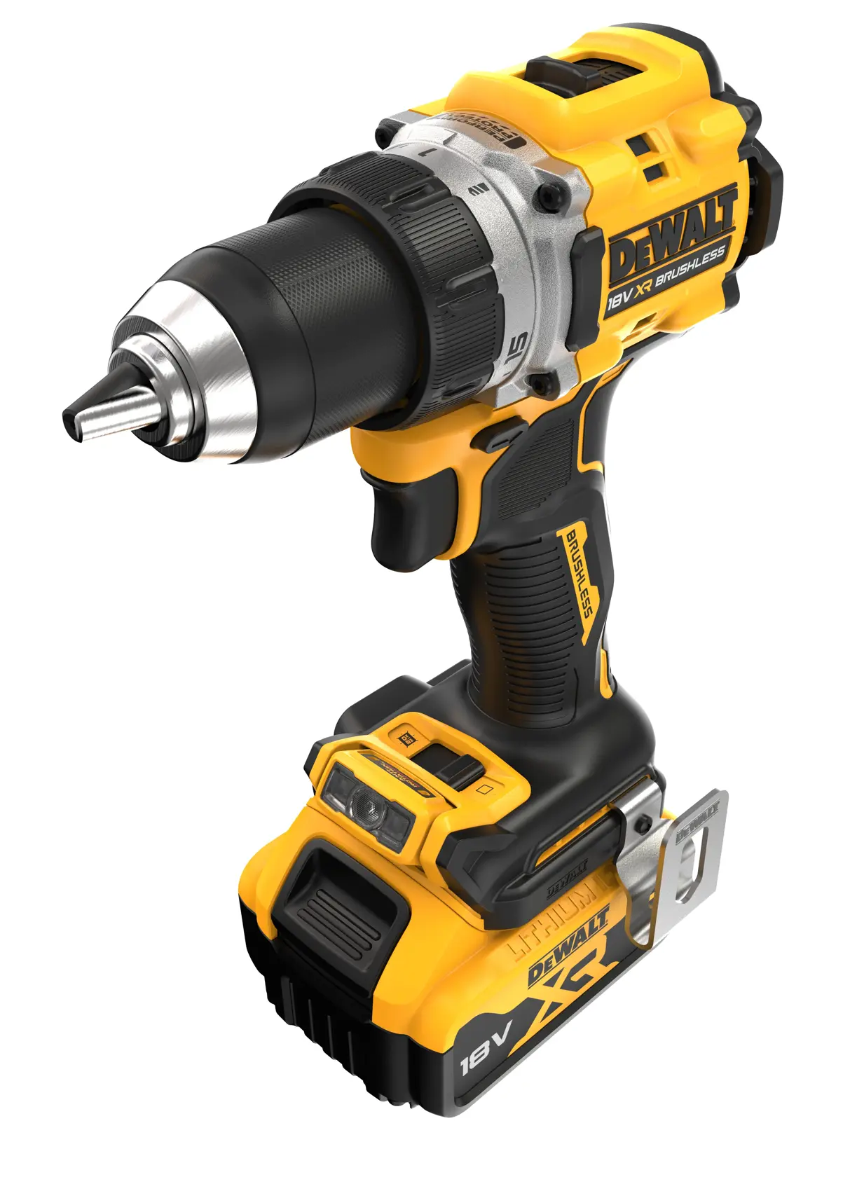 Taladro atornillador DEWALT 18V amarillo y negro, motor brushless y diseño ergonómico.