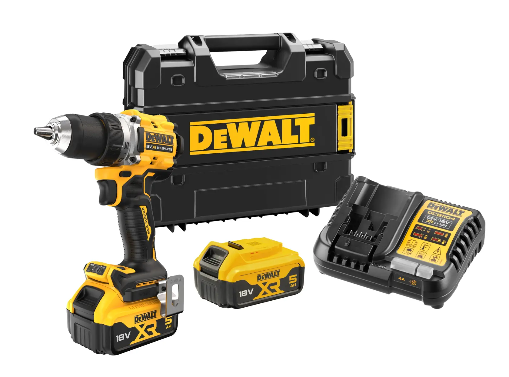 Juego de taladro inalámbrico DEWALT que incluye un taladro sin escobillas de 18V, dos baterías de litio-ion XR de 18V, un cargador y una caja de transporte negra DEWALT.