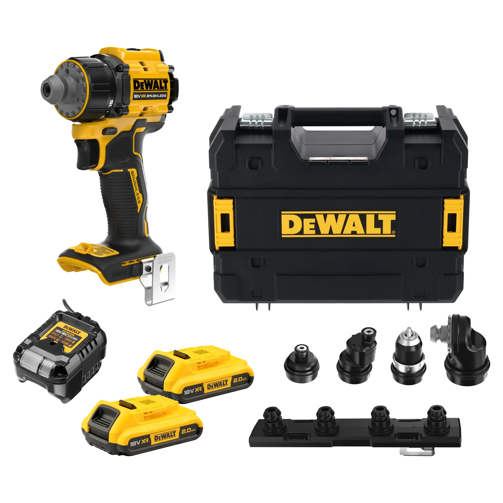 Kit DEWALT com maleta, carregador, baterias, acessórios. SKUs: DCD803D2T-QW, DCD803D2T. Categoria fotografia.