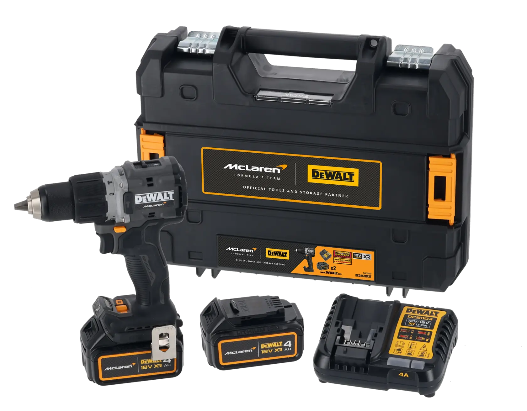 Kit de furadeira sem fio DEWALT com marca McLaren, incluindo uma furadeira, duas baterias 18V XR, carregador de bateria e estojo rígido.