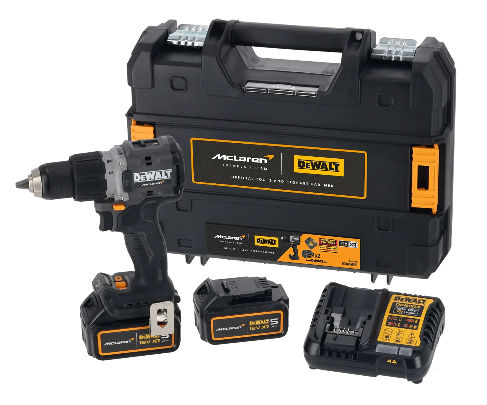 Um kit de furadeira sem fio DEWALT composto por uma furadeira preta e cinza, duas baterias de íon de lítio 18V XR, um carregador de bateria e uma maleta de transporte preta robusta com a marca McLaren.