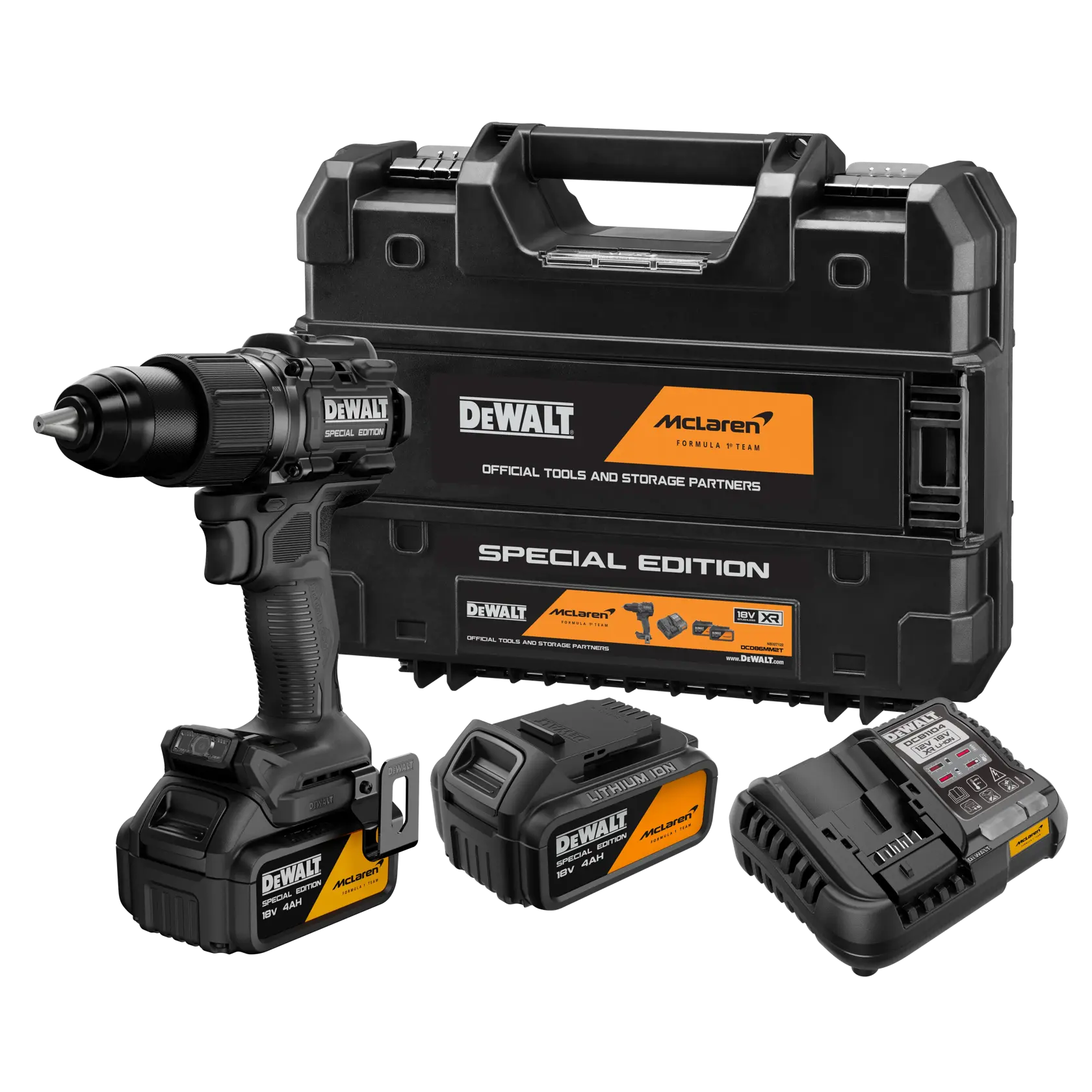 Ferramenta DEWALT, DCMCST632X1-QW e DCD86MM2T-QW, McLaren Special Edition, produto fotográfico.