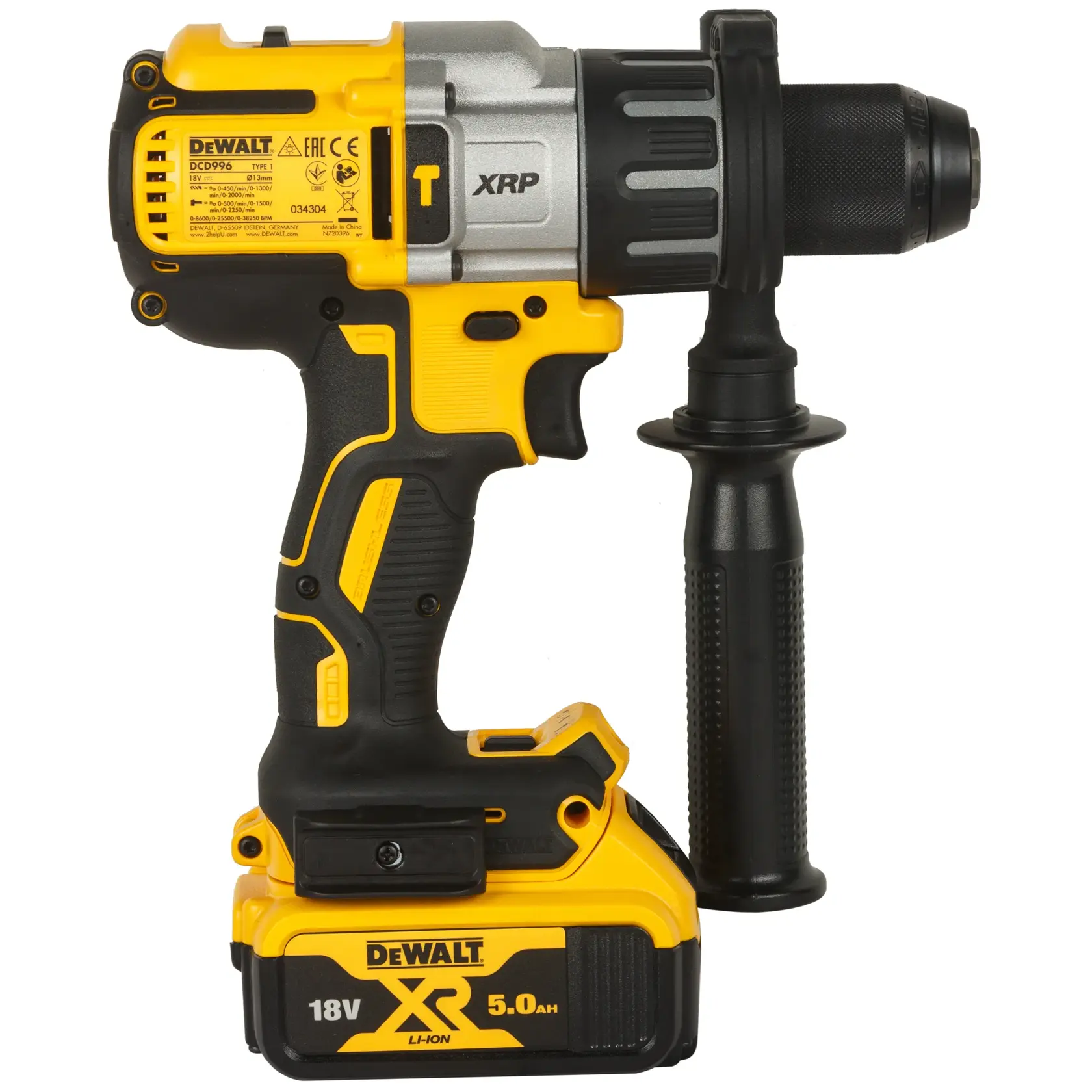 Taladro inalámbrico DEWALT con asa lateral, batería XR 18V 5.0Ah, diseño amarillo y negro.