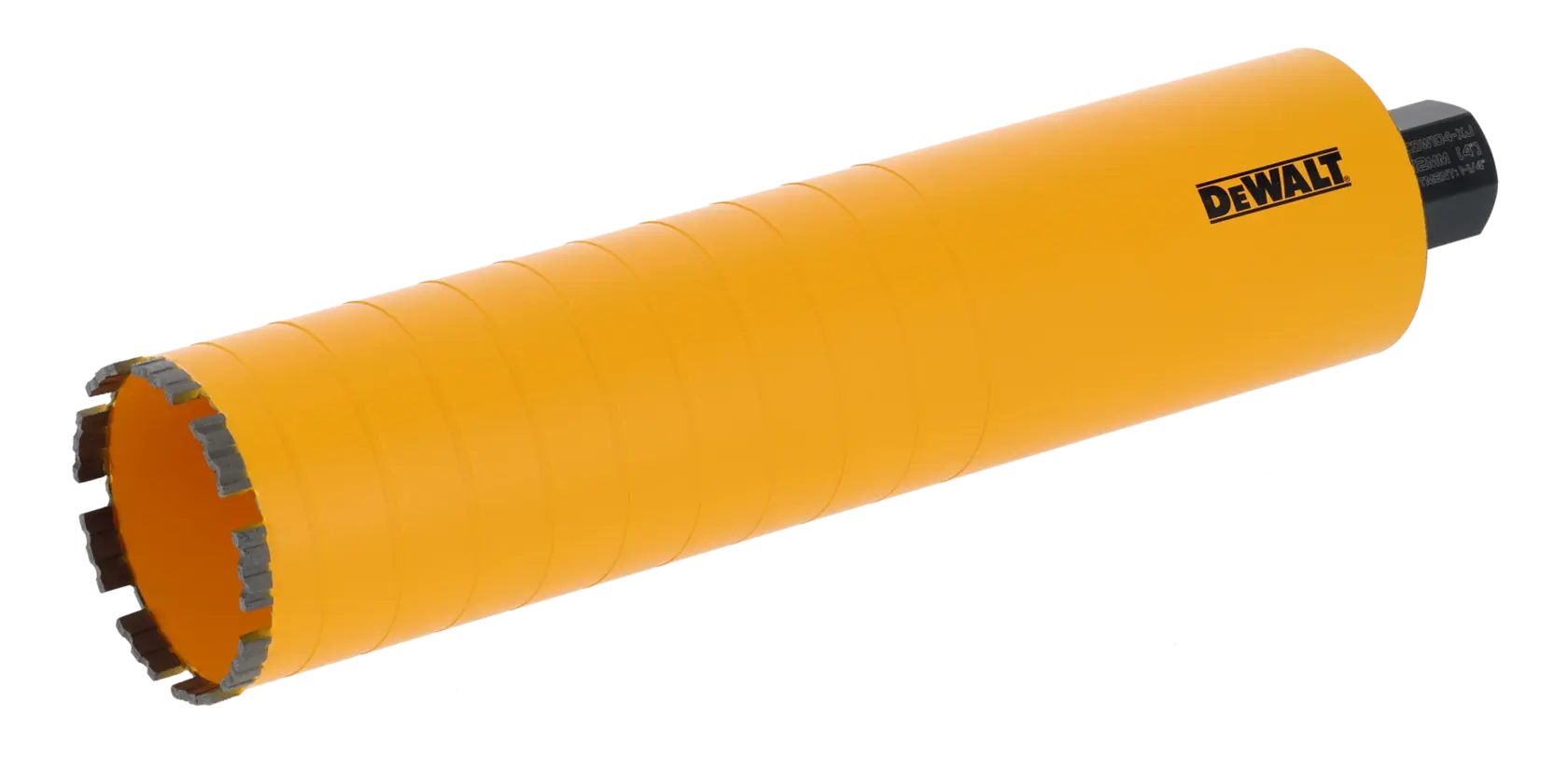 Broca de núcleo cilíndrica amarela DEWALT com bordas segmentadas para concreto ou alvenaria.