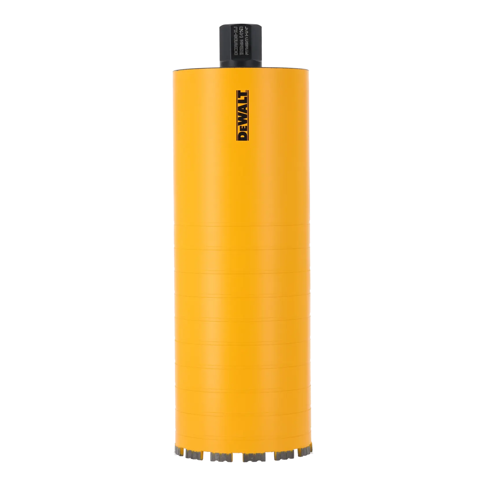 Broca cilíndrica de diamante amarela DEWALT para perfuração, mostrada em pé sobre fundo branco.