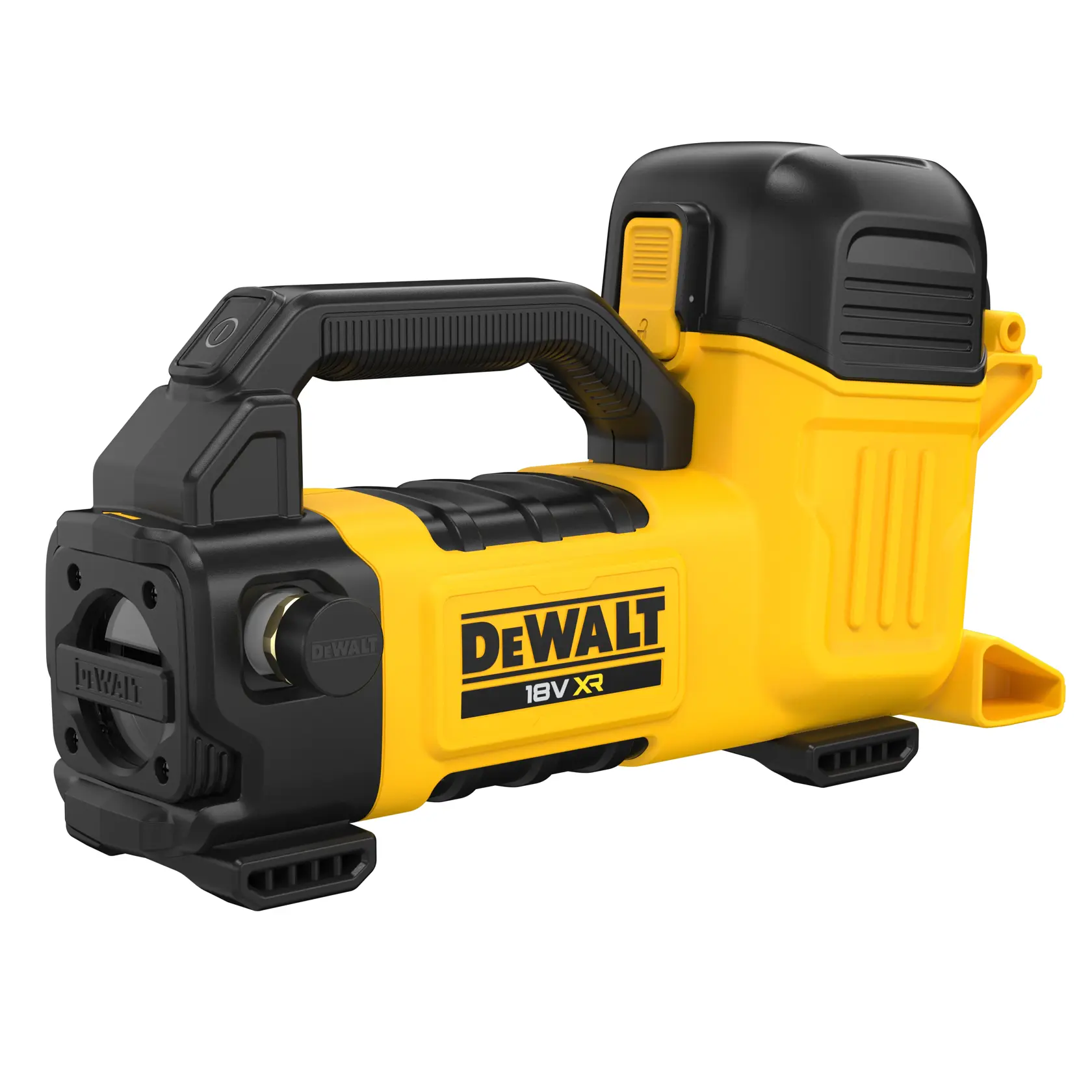 Inflador sem fio DEWALT 18V XR amarelo e preto, com alça resistente e design compacto, adequado para encher pneus e outros itens.