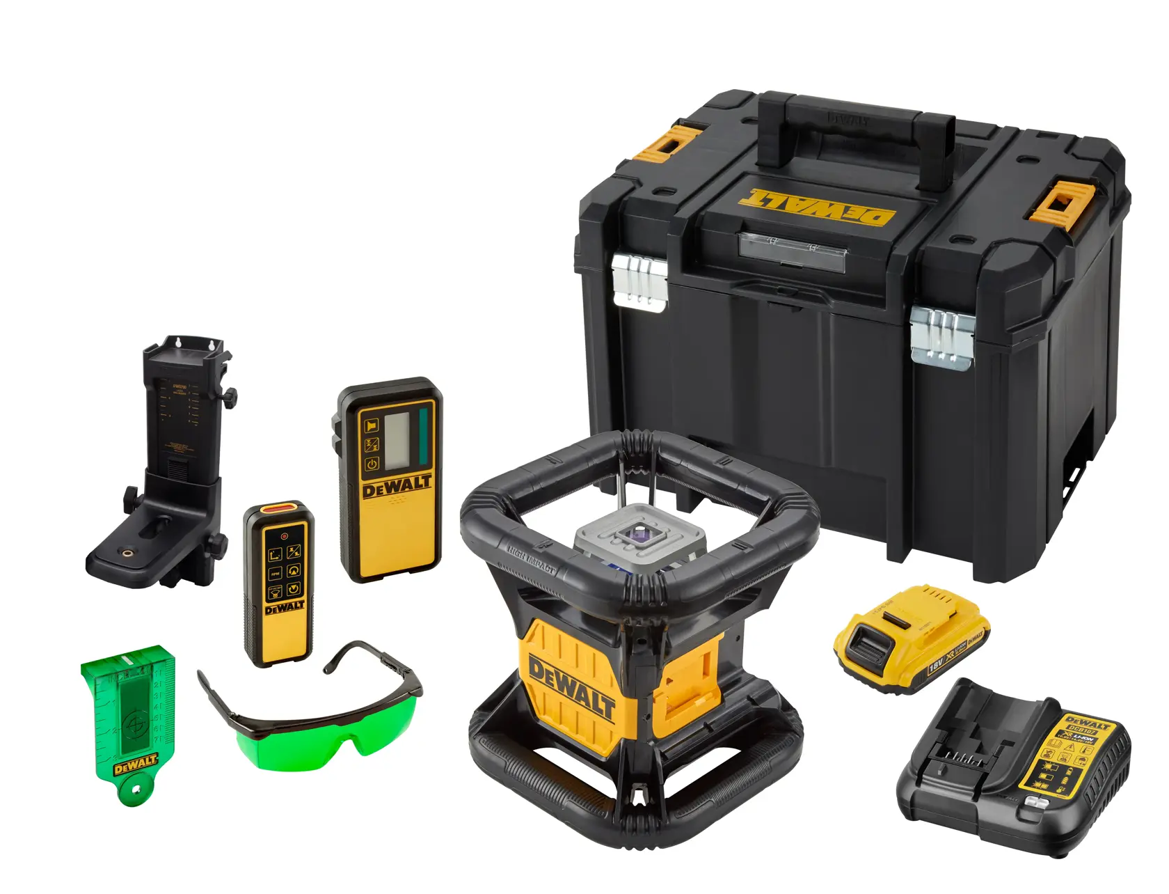 Um kit de nível a laser DEWALT com vários componentes, incluindo um nível a laser rotativo, detector de laser, controle remoto, suporte de montagem, óculos de aprimoramento de laser verde, carregador, bateria e uma caixa de transporte preta e amarela resistente.