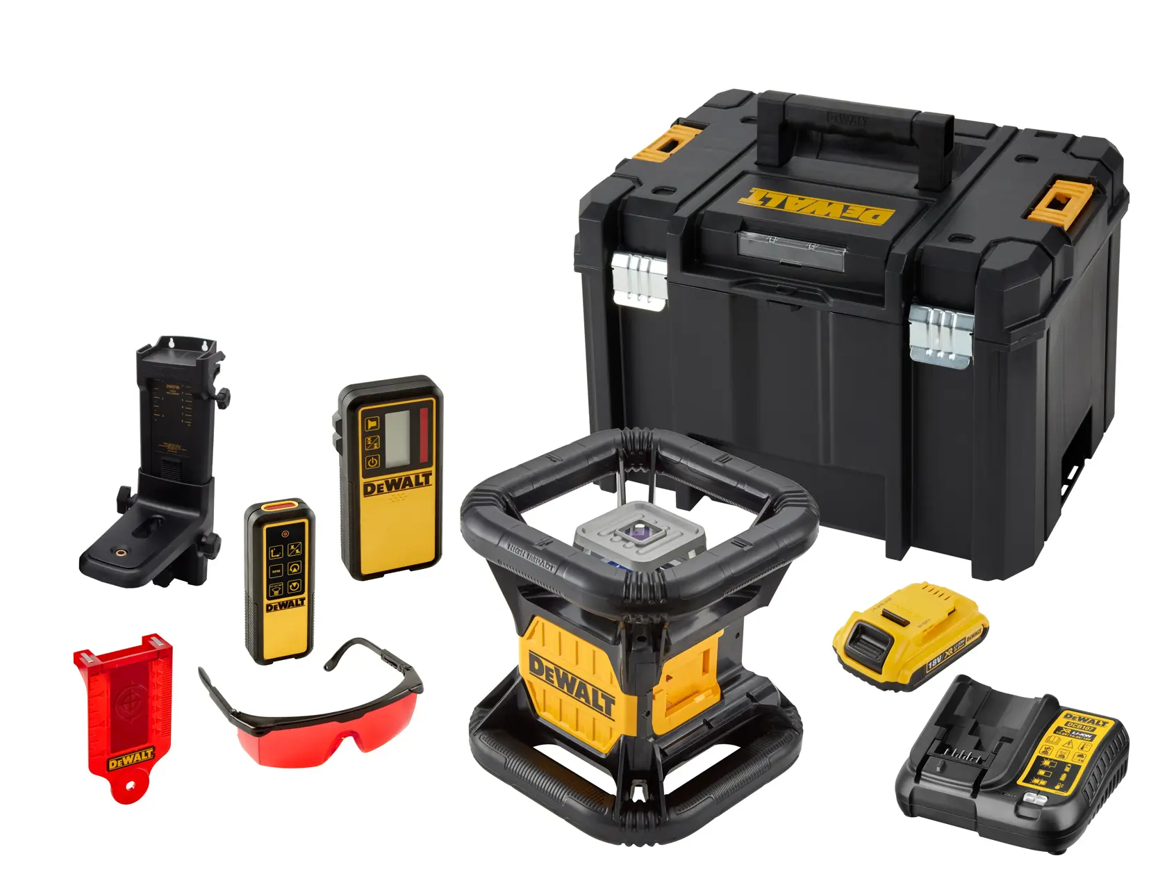 Kit de nível a laser DEWALT incluindo um laser rotativo robusto e vários acessórios como receptor de laser, controle remoto, suporte de montagem, óculos de laser vermelhos, cartão alvo, carregador, bateria e uma caixa de armazenamento preta resistente com detalhes amarelos, tudo disposto sobre um fundo branco.