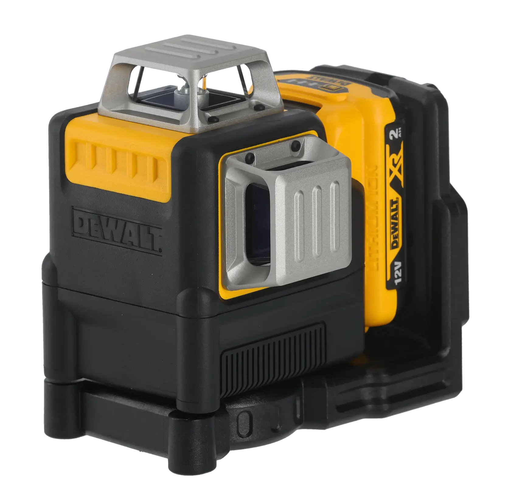 Nivel láser DEWALT 12V para alineación precisa, en amarillo y negro con batería recargable.