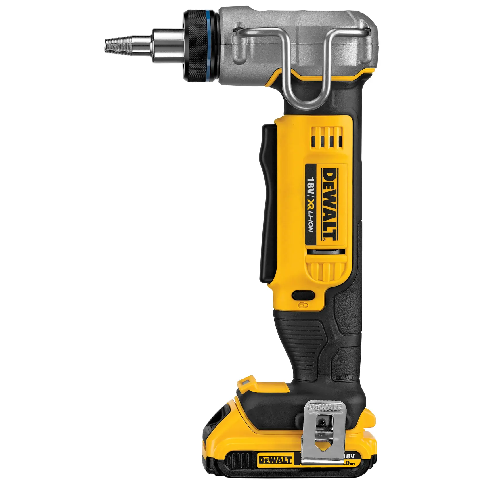 Ferramenta DEWALT 18V sem fio, amarela e preta, com acessório metálico e cabo ergonômico.
