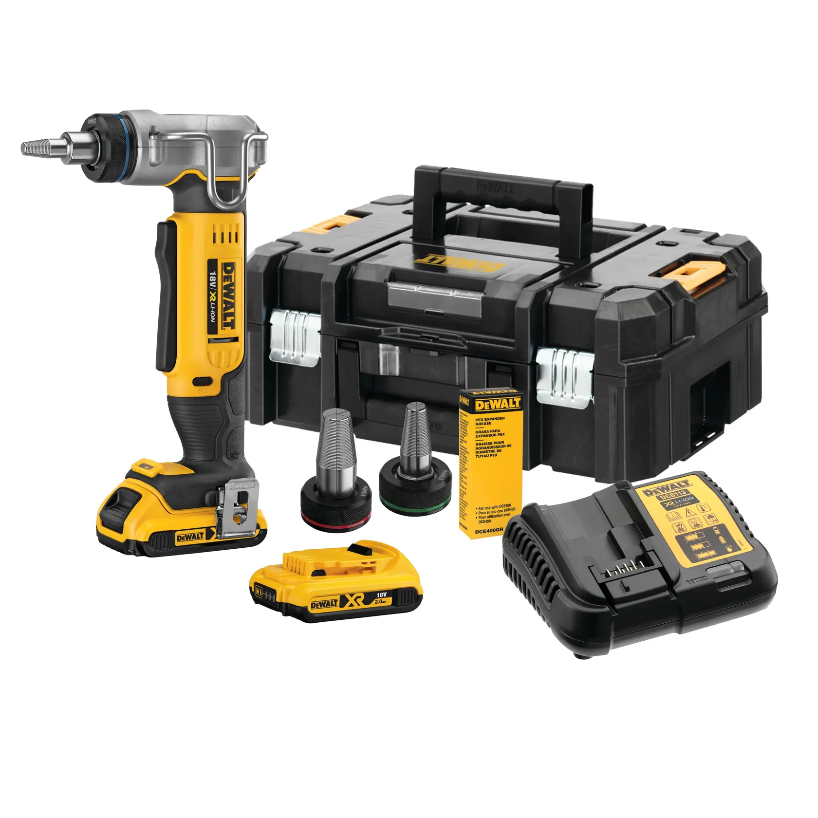 Kit de produto DEWALT DCE400D2 da categoria fotografia, composto por uma ferramenta sem fio amarela e preta, duas baterias, dois acessórios, um carregador, manual de instruções e uma resistente caixa preta de transporte.