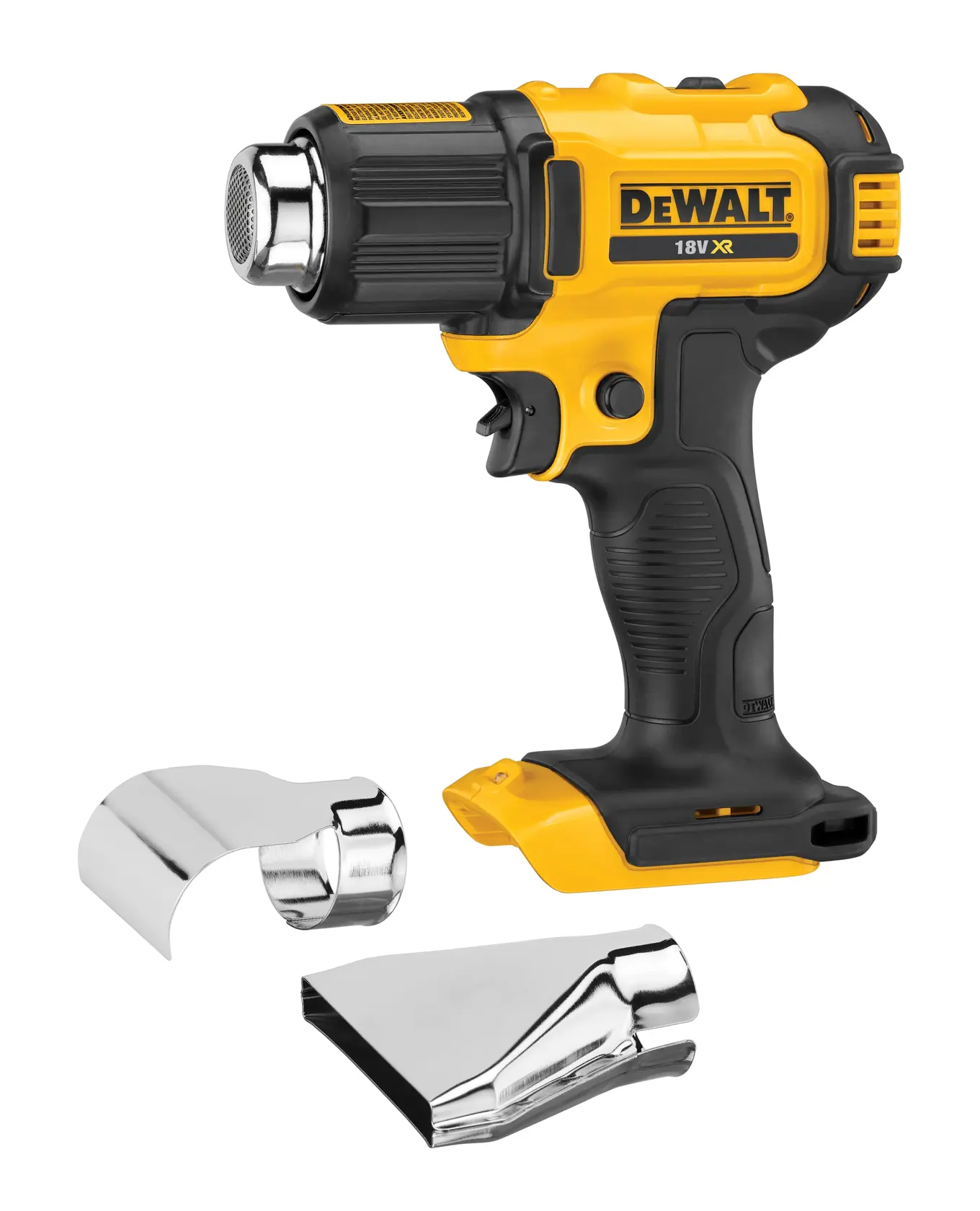 Uma pistola de calor sem fio amarela e preta com dois acessórios de bocal metálicos exibidos ao lado. A marca 'DeWalt' e o modelo '18V XR' estão visíveis na lateral da pistola de calor.