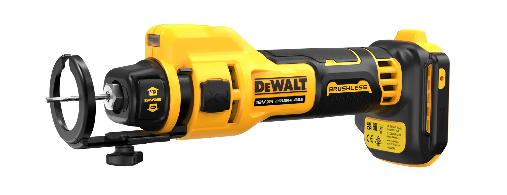 Ferramenta rotativa DEWALT 18V XR Brushless com design preto e amarelo. A ferramenta possui proteção de segurança e pega ergonômica, adequada para tarefas de corte ou lixamento. Modelo SKU: DCE555N.
