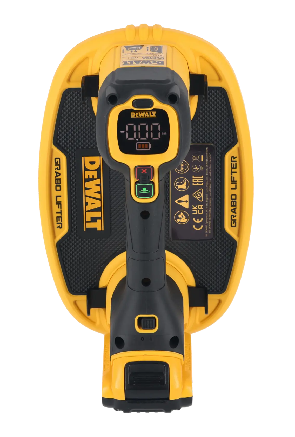 Vista superior de um Grabo Lifter DEWALT, uma ferramenta portátil amarela e preta projetada para levantar e manusear materiais com mecanismo de sucção, apresentando um visor digital e botões de controle.