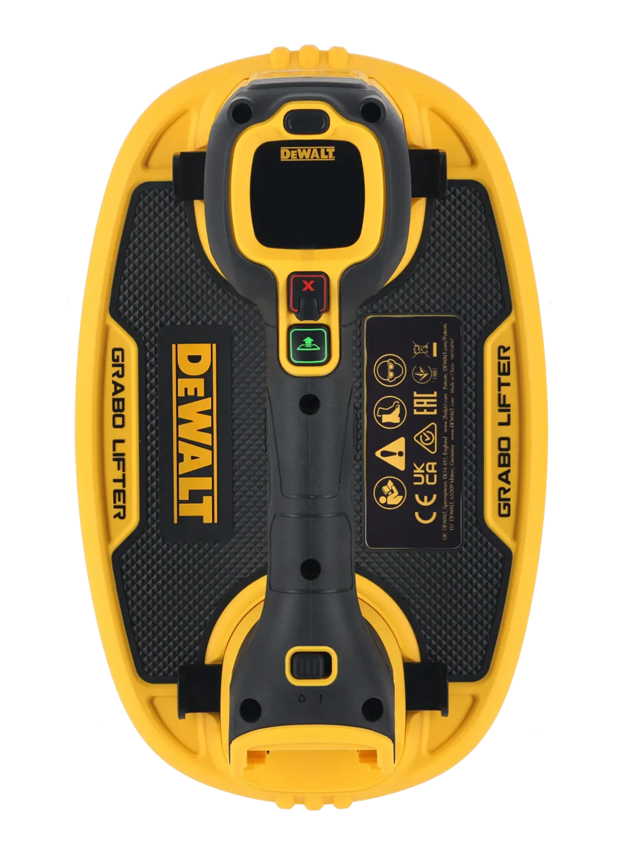 Uma ferramenta Grabo Lifter da marca DEWALT, com design amarelo e preto, alça, botões de controle e marcas de segurança. O produto está visto de cima.