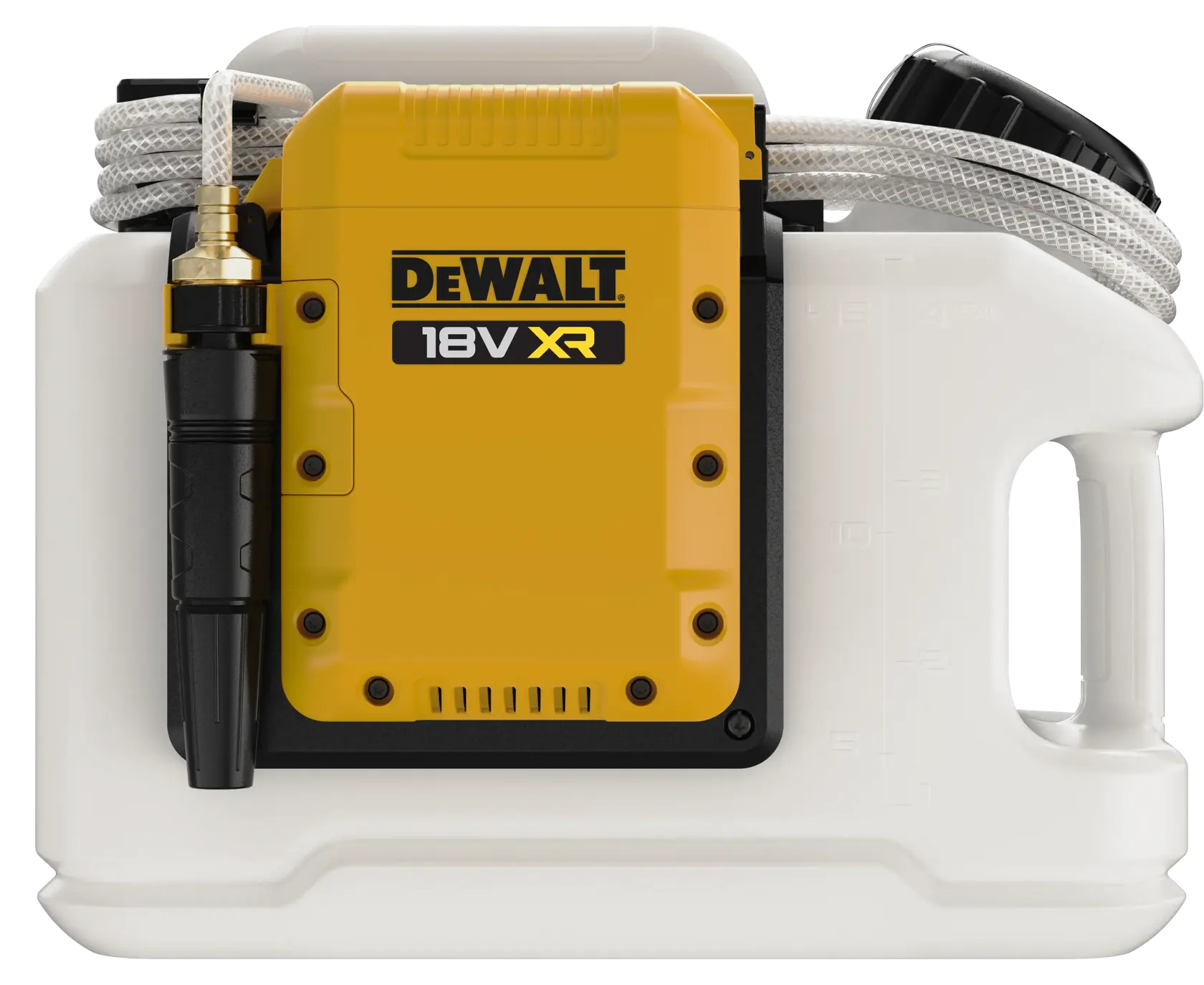 Produto fotográfico DEWALT DCE6820N, DCE6820N-XJ, pulverizador 18V XR com mangueira e alça, branco e amarelo.