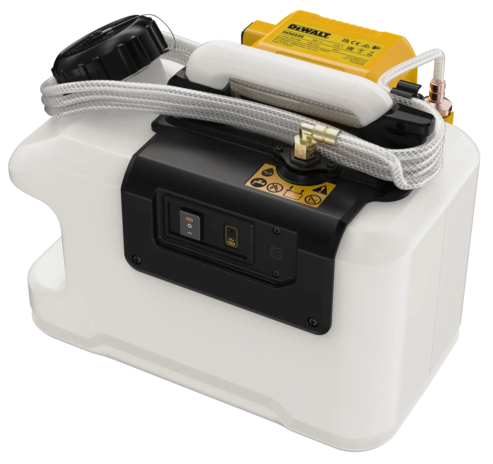 Produto de fotografia DEWALT, DCE6820N e DCE6820N-XJ, aparelho compacto com mangueira e botões.
