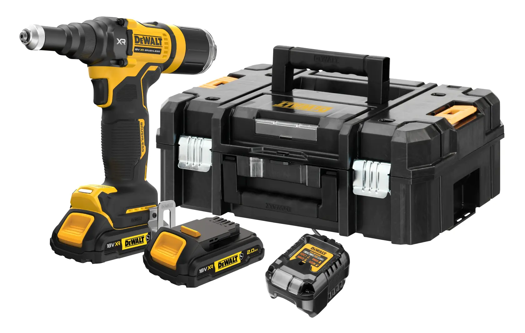 Kit de ferramenta elétrica sem fio DEWALT incluindo uma furadeira 18V, duas baterias, um carregador e uma caixa de transporte preta e amarela.