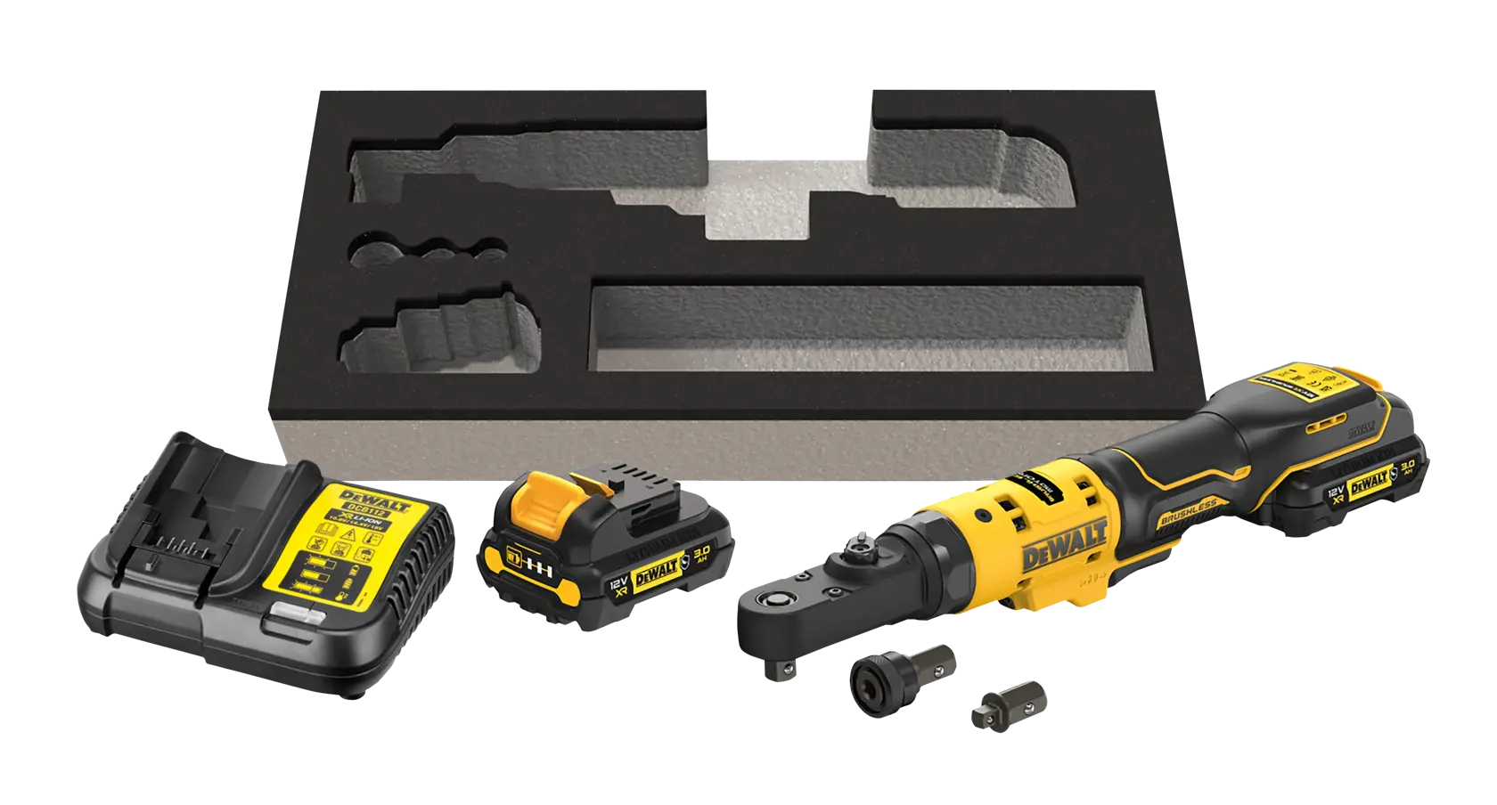 Kit de chave de catraca sem fio DEWALT incluindo ferramenta de catraca, bateria, carregador, acessórios e espuma para armazenamento.