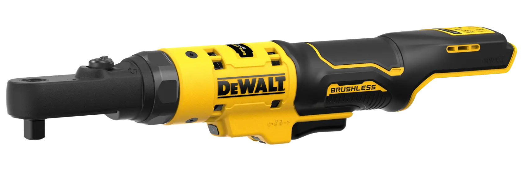 Ferramenta de catraca sem fio DEWALT com motor brushless e design preto e amarelo, exibida sobre fundo branco.
