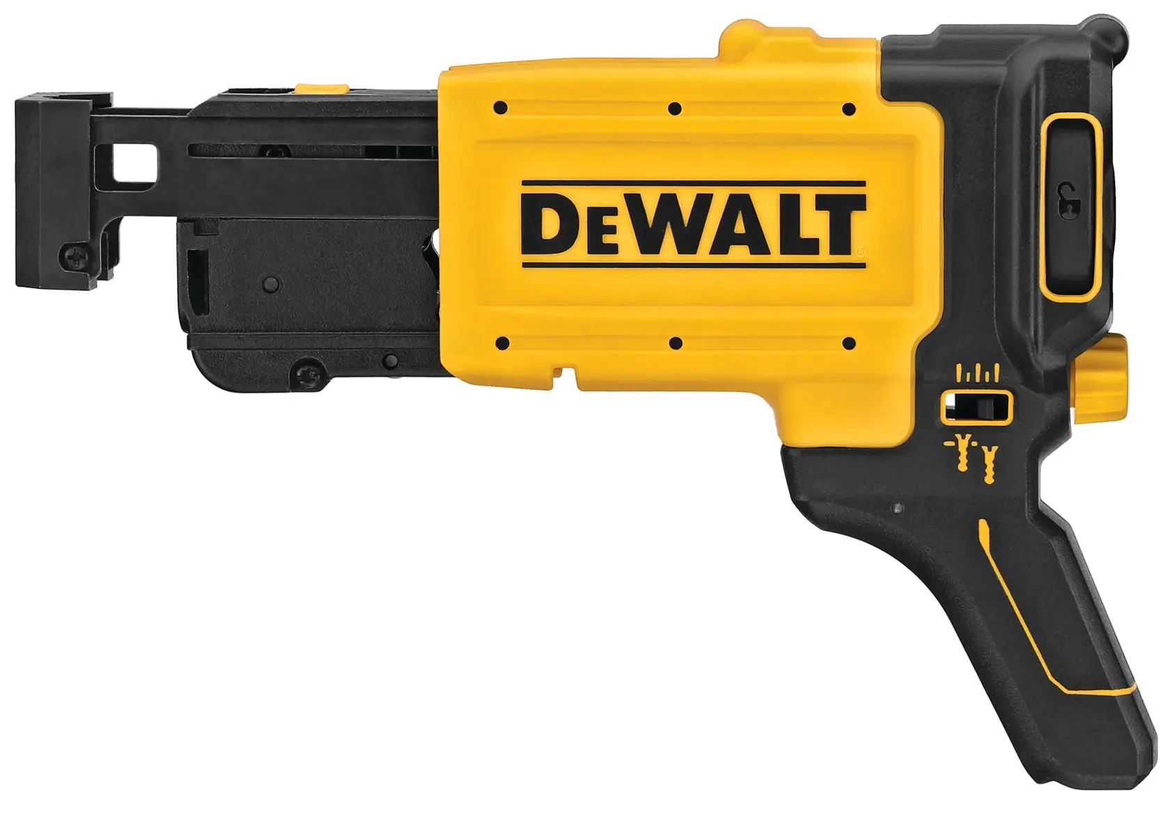 Vista lateral de um adaptador para parafusadeira de drywall DEWALT DCF6202 projetado para uso com ferramentas elétricas, com cabo e carcaça amarelos e pretos.