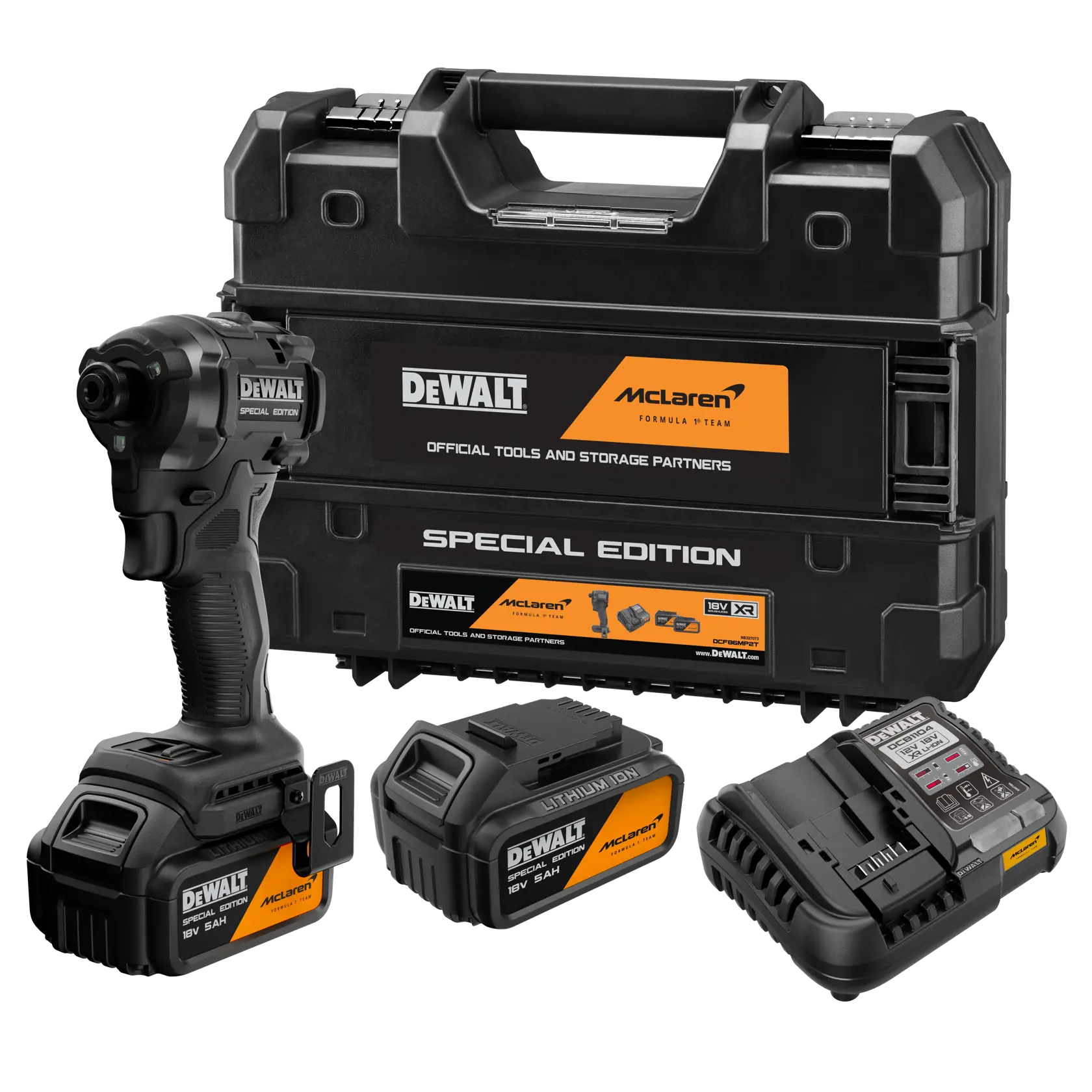 Kit de parafusadeira de impacto sem fio DEWALT McLaren Edição Limitada, incluindo uma maleta de transporte preta e laranja
