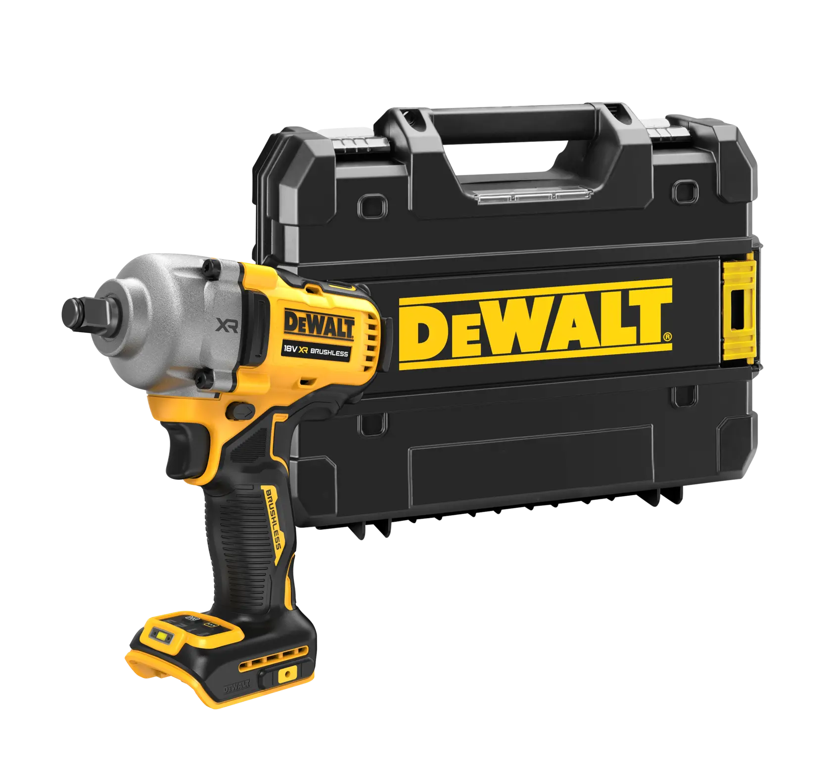 Uma chave de impacto DEWALT 18V XR Brushless posicionada em frente a uma maleta de transporte DEWALT preta com detalhes amarelos e a marca.