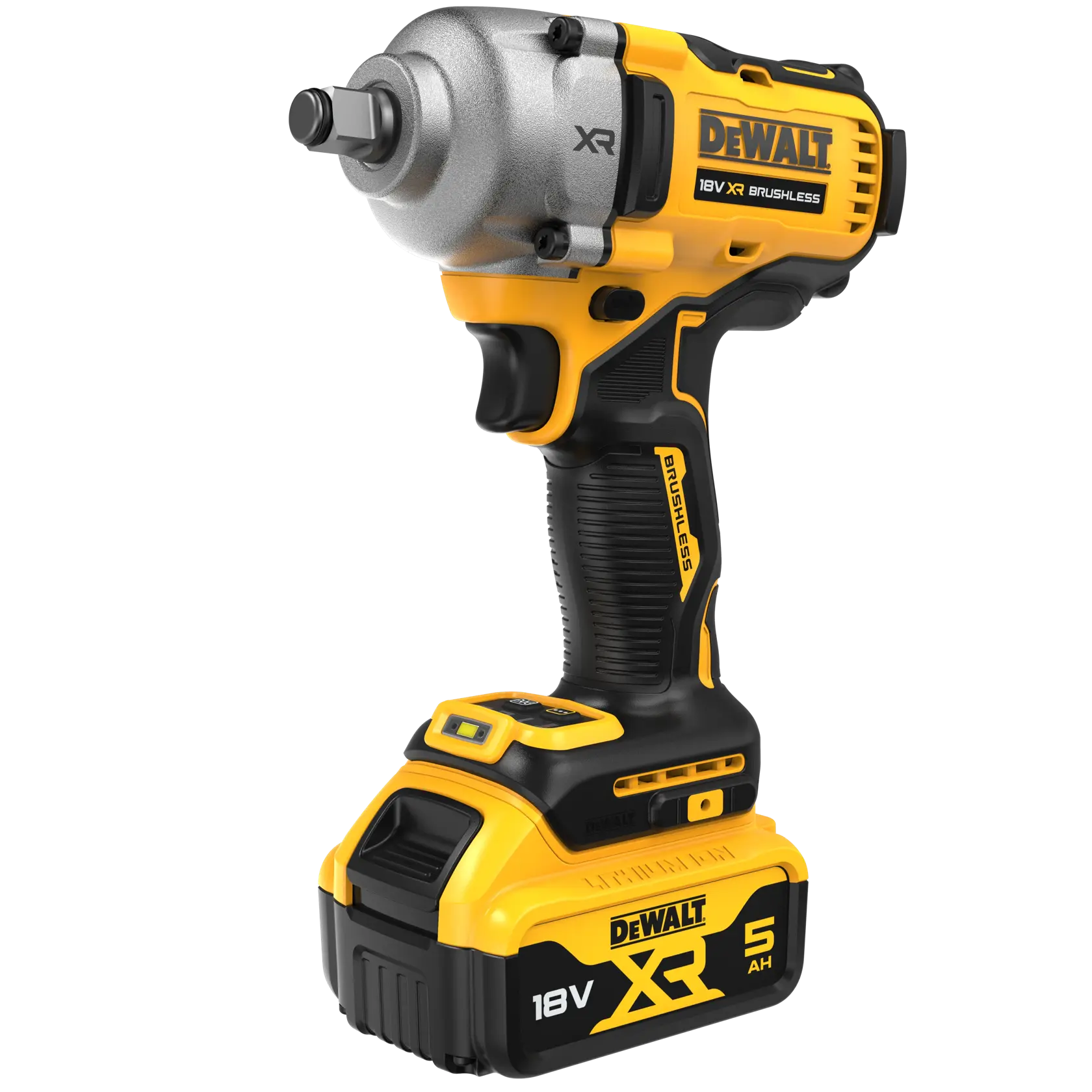 Uma chave de impacto DEWALT 18V XR sem escova com uma bateria de íon-lítio de 5 Ah. A ferramenta está na posição vertical, com design amarelo e preto, e possui o logotipo DEWALT.