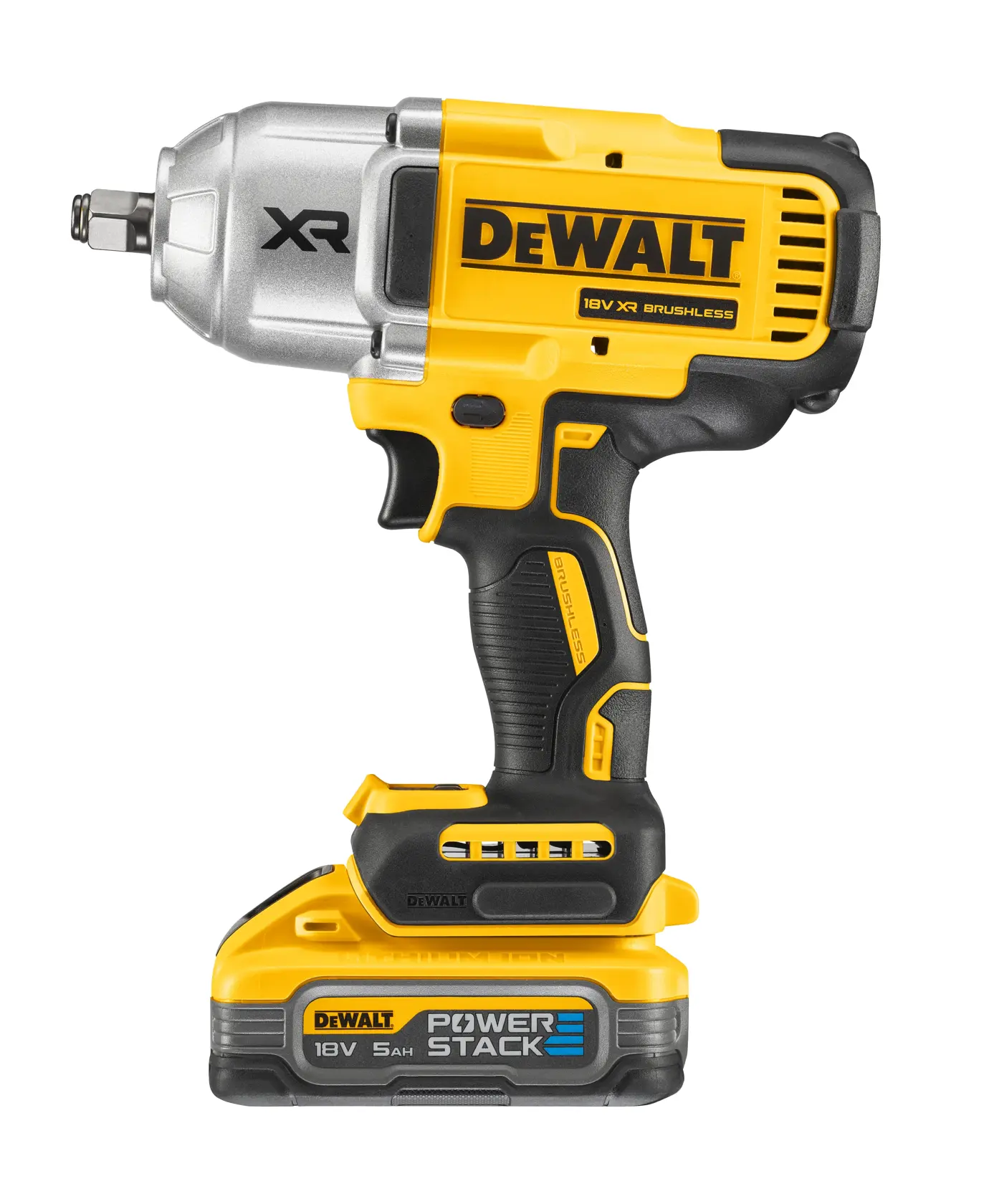 Chave Impacto sem escovas XR 18V POWERSTACK Li-Ion 5Ah 1/2" Alto Par com anel de retenção