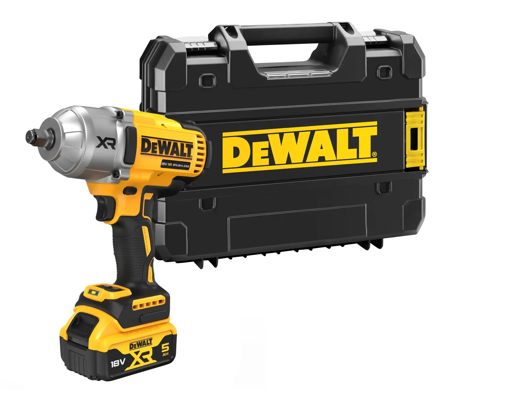 Uma chave de impacto sem fio DEWALT 18V XR com bateria, exibida na frente de uma maleta de transporte DEWALT preta e amarela.