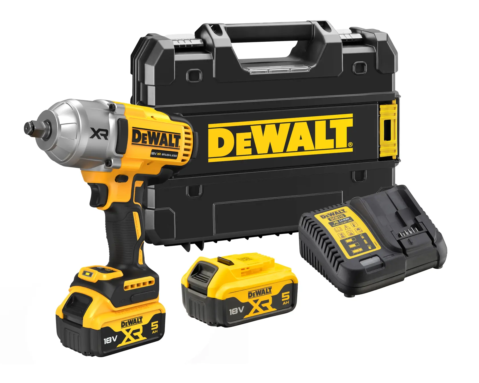 Um kit DEWALT com uma chave de impacto sem fio, duas baterias 18V XR, um carregador e uma maleta preta com o logotipo DEWALT em amarelo.