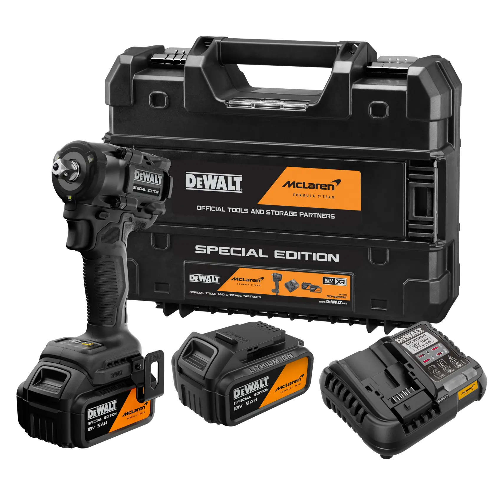 Uma chave de impacto sem fio DEWALT Edição Especial, com design preto e laranja, marca McLaren e bateria de 20V 5Ah.