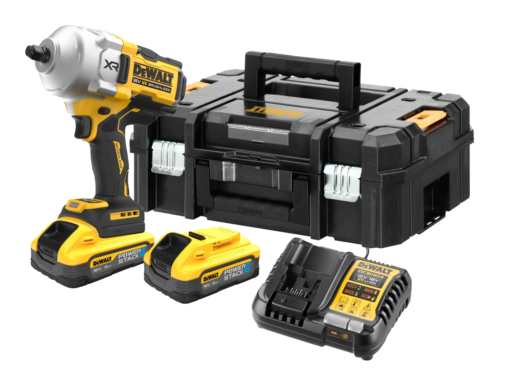 Um kit de chave de impacto sem fio DEWALT é exibido, incluindo uma chave de impacto amarela e preta, dois pacotes de bateria, uma base de carregamento e uma caixa de transporte preta robusta com alça.