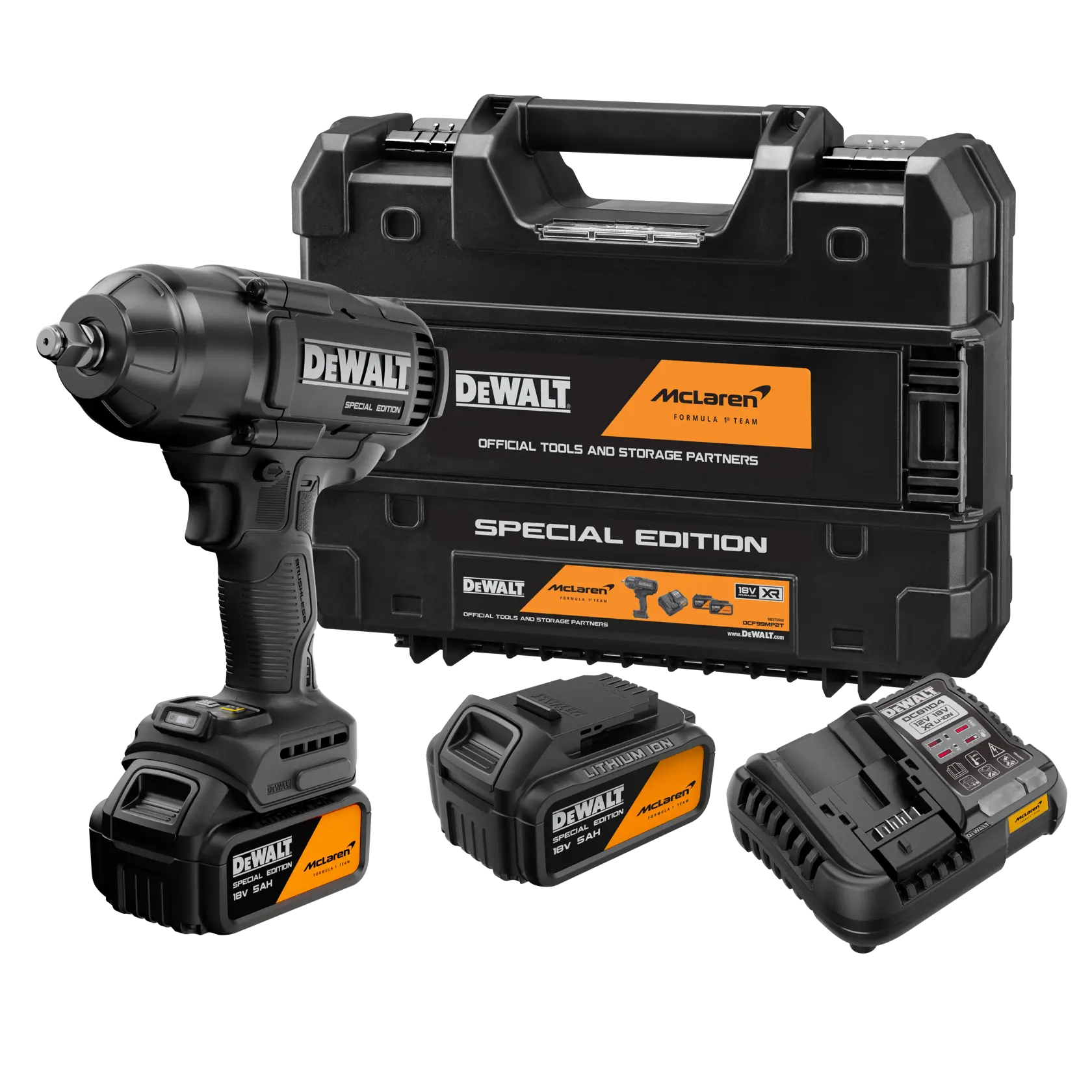 Kit fotografia DEWALT DCF99MP2T-QW, DCF99MP2T com ferramentas, baterias, carregador e estojo, edição McLaren.