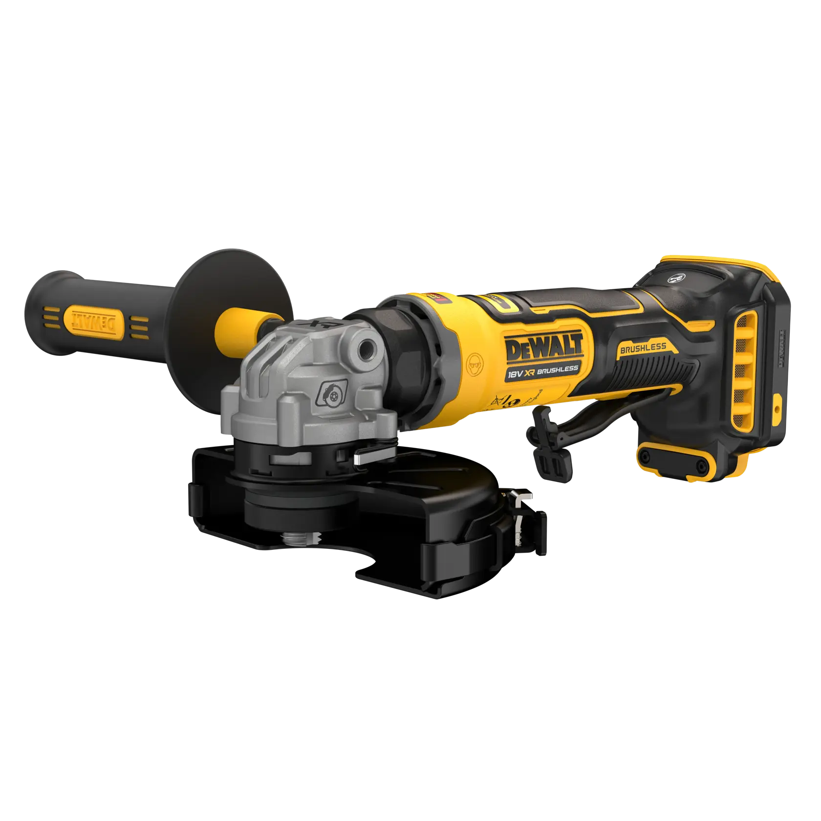 Esmerilhadora sem fio DEWALT DCG404N-XJ, DCG404N em amarelo e preto sobre fundo branco.