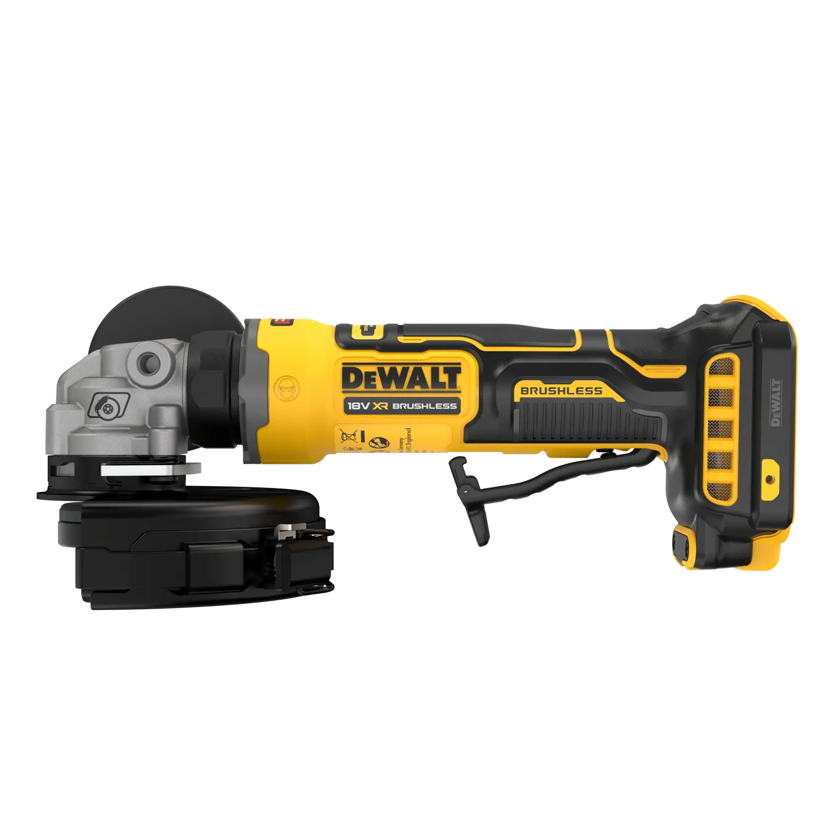 Esmeriladora angular sem fio DEWALT 18V XR brushless, corpo amarelo e preto, vista lateral.
