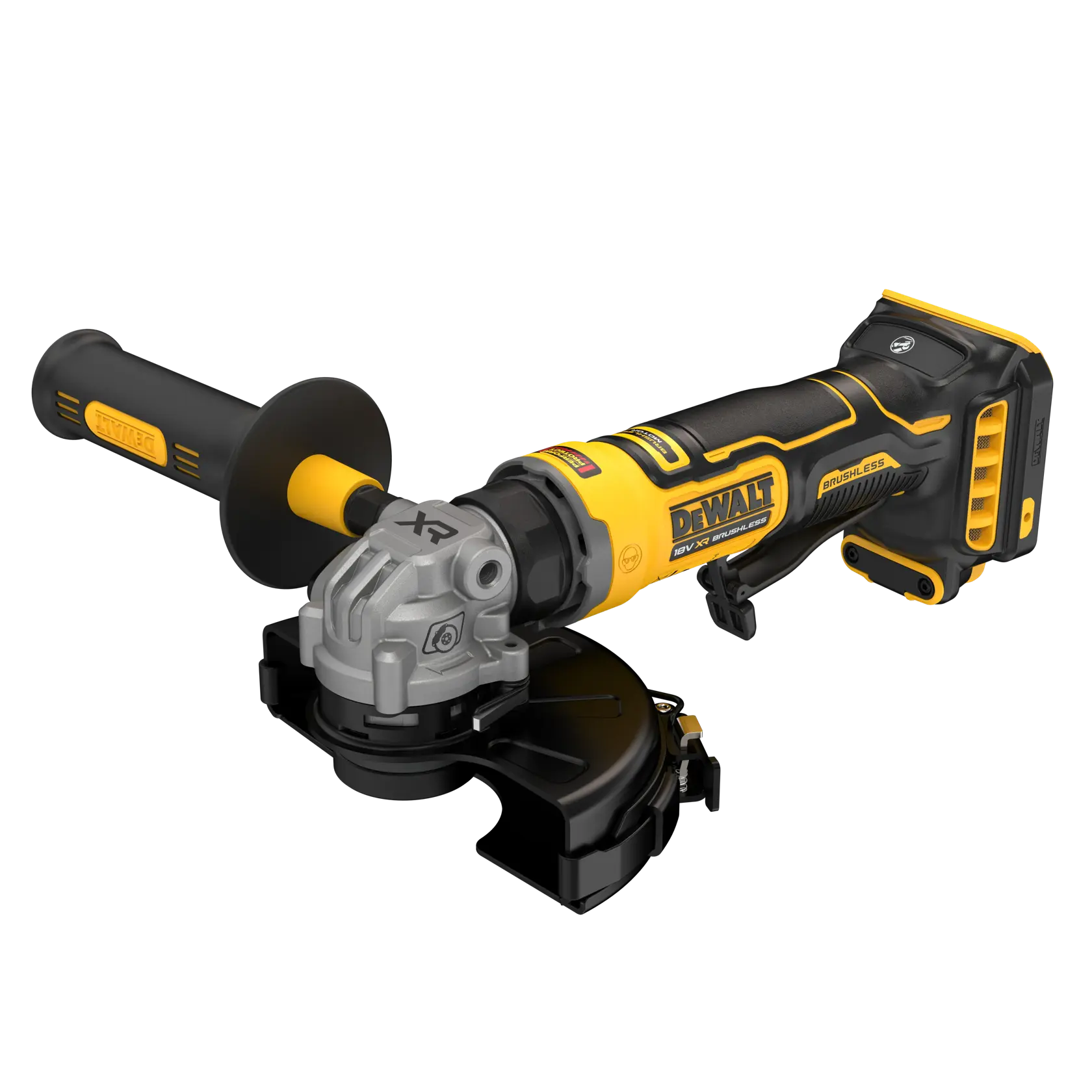 Esmerilhadeira angular DEWALT sem fio com cabo preto e amarelo, motor brushless e proteção.