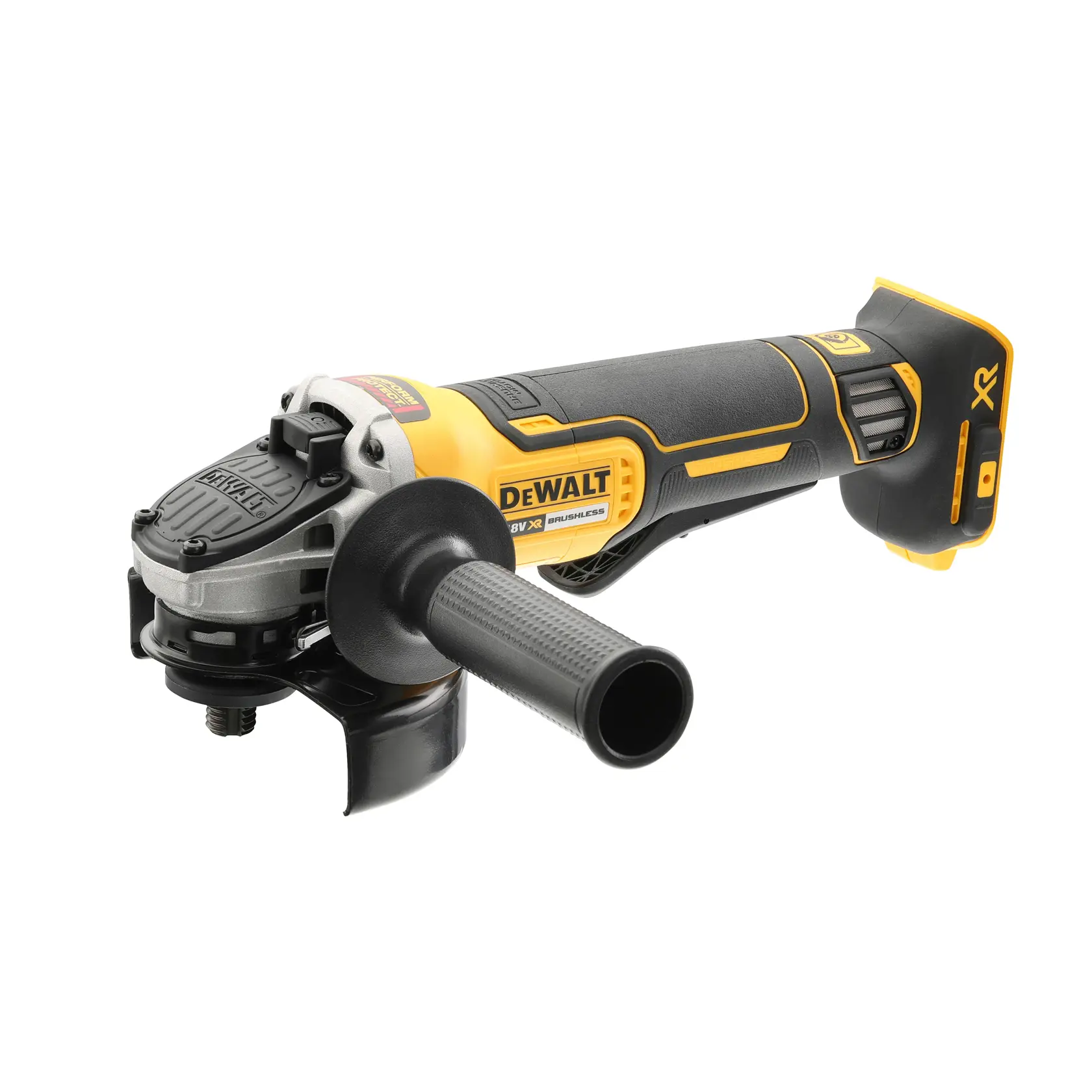 Uma esmerilhadeira angular sem fio DEWALT com motor sem escovas, com cabo lateral e corpo preto e amarelo. A ferramenta é projetada para cortar, desbastar e polir metais ou outros materiais.