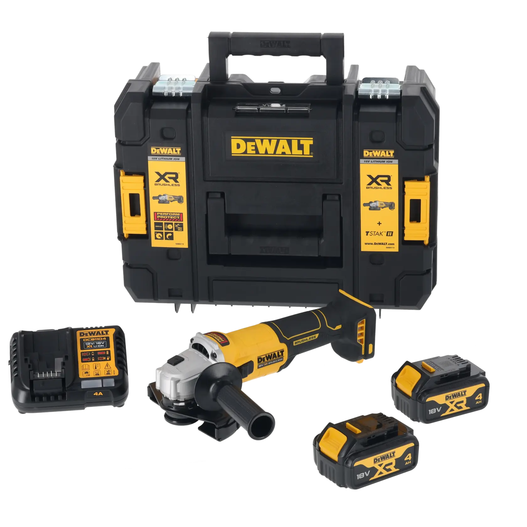 Um kit de esmerilhadeira angular sem fio DEWALT composto por uma caixa de armazenamento preta e amarela, um carregador de bateria, duas baterias XR de 18V e a ferramenta esmerilhadeira. Todos os itens estão organizados e apresentam a marca DEWALT.