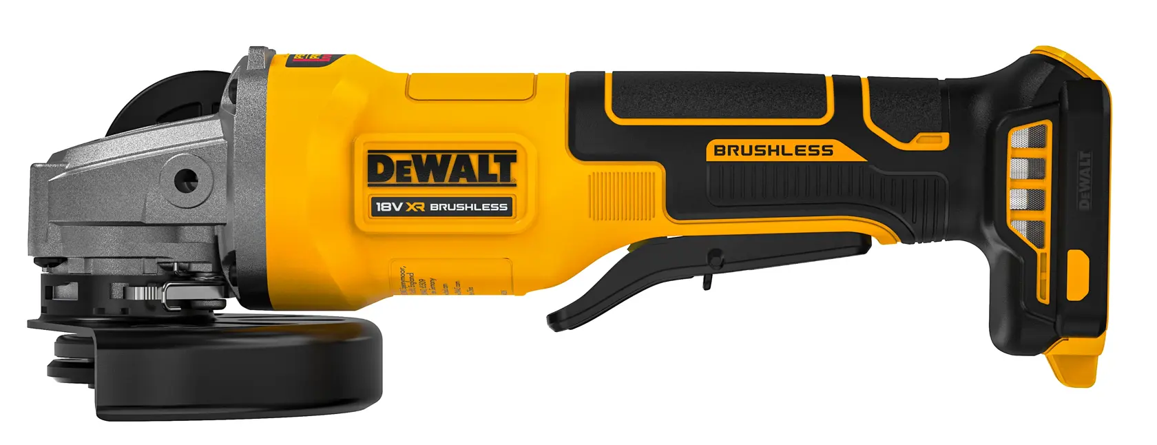 Esmerilhadeira angular sem fio DEWALT 18V XR Brushless com corpo amarelo e preto, mostrada de perfil sobre fundo branco.