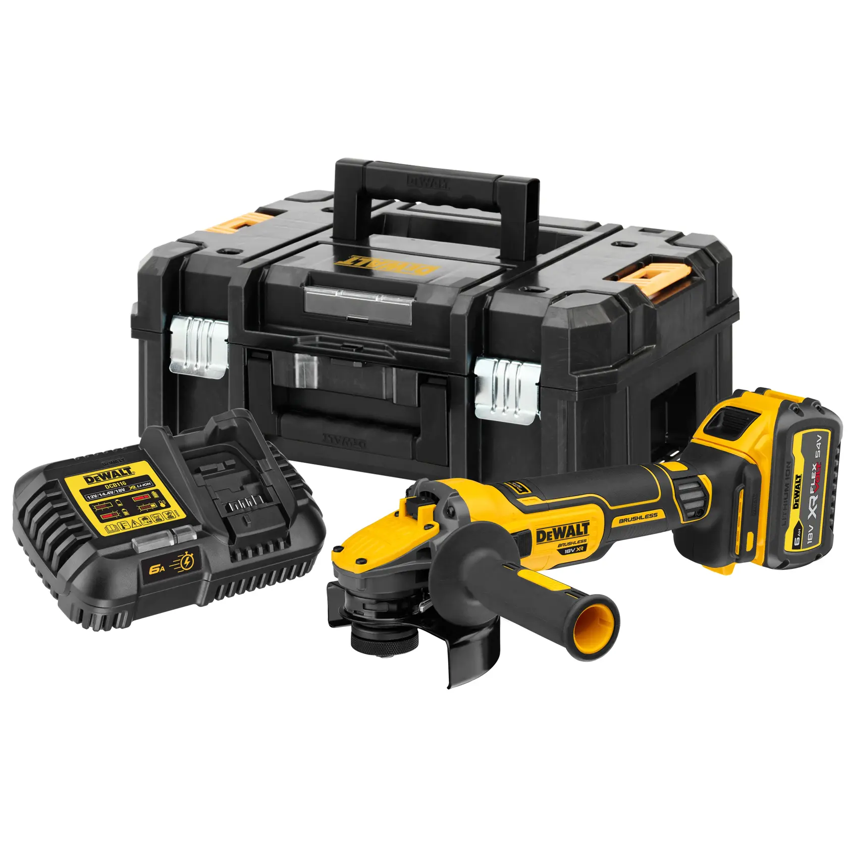 Kit de esmerilhadeira angular sem fio DEWALT incluindo uma esmerilhadeira amarela e preta, carregador de bateria, bateria e um estojo preto resistente com alça.