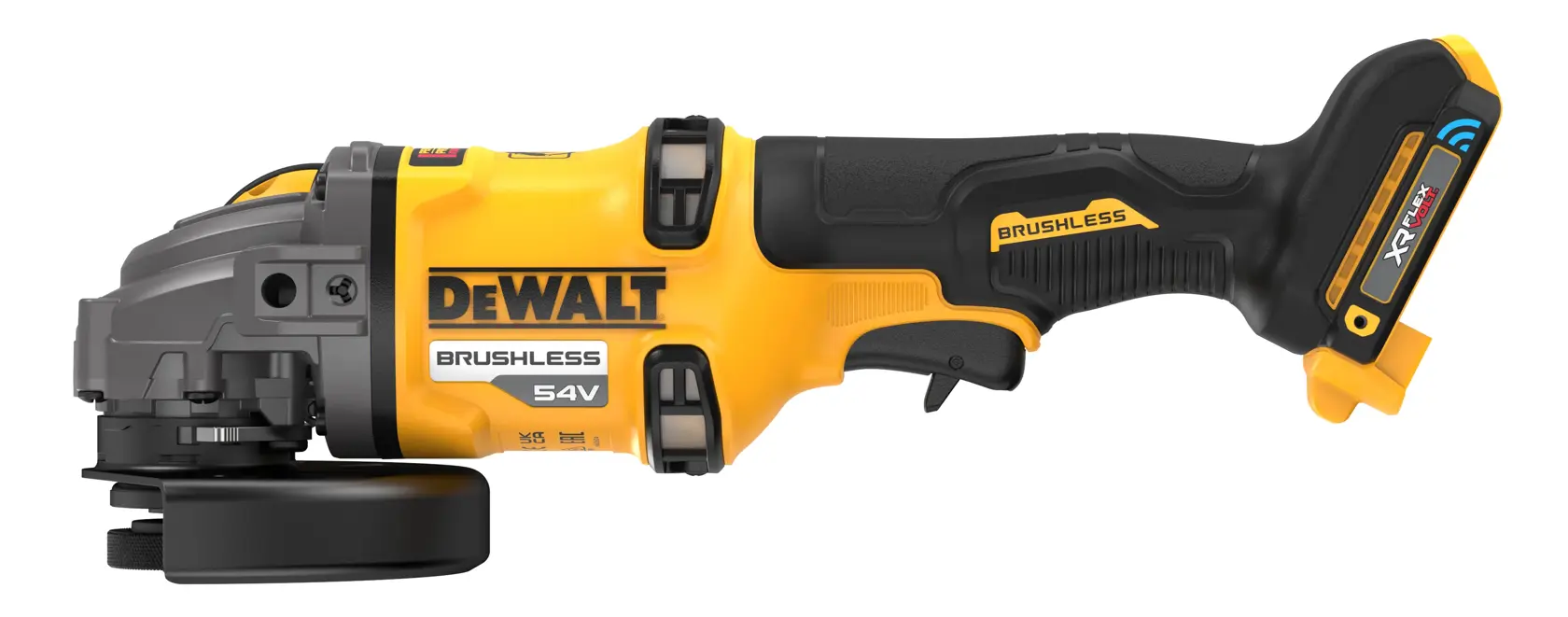 Uma esmerilhadeira angular sem fio DEWALT 54V com motor brushless, nas cores amarela e preta, mostrada de lado em fundo branco.