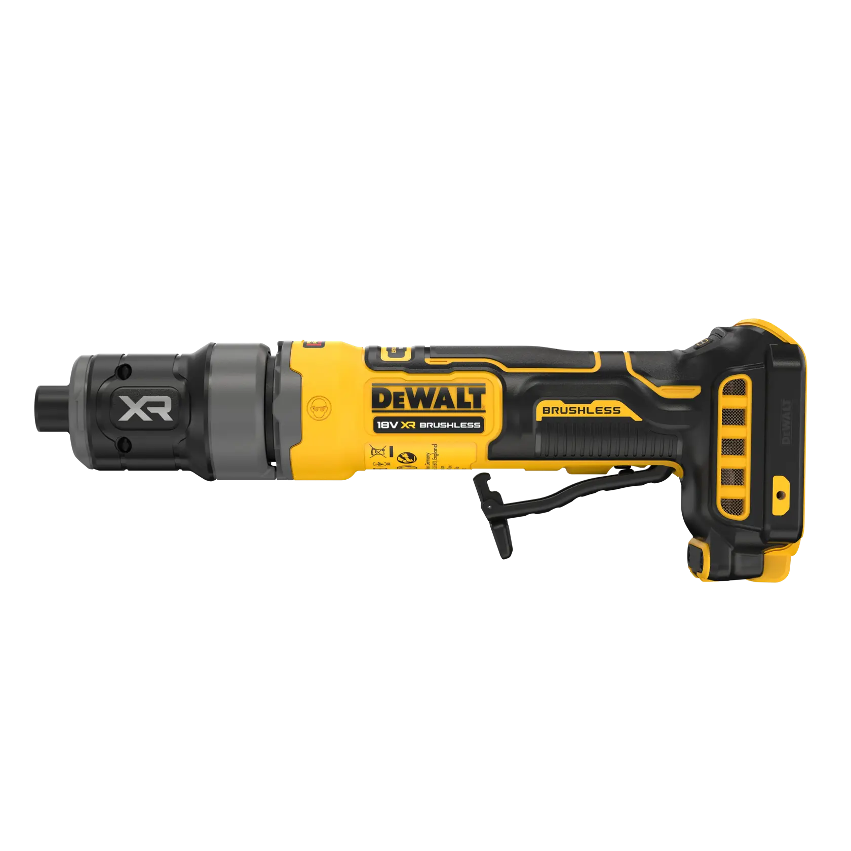 Ferramenta DEWALT XR brushless, fotografia, SKUs DCG420N-XJ, DCG420N, amarela e preta.