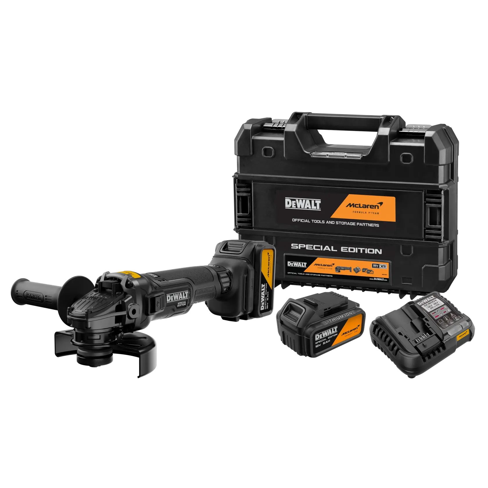 Um kit de esmerilhadeira angular sem fio DEWALT edição limitada McLaren, incluindo uma maleta de transporte preta e laranja