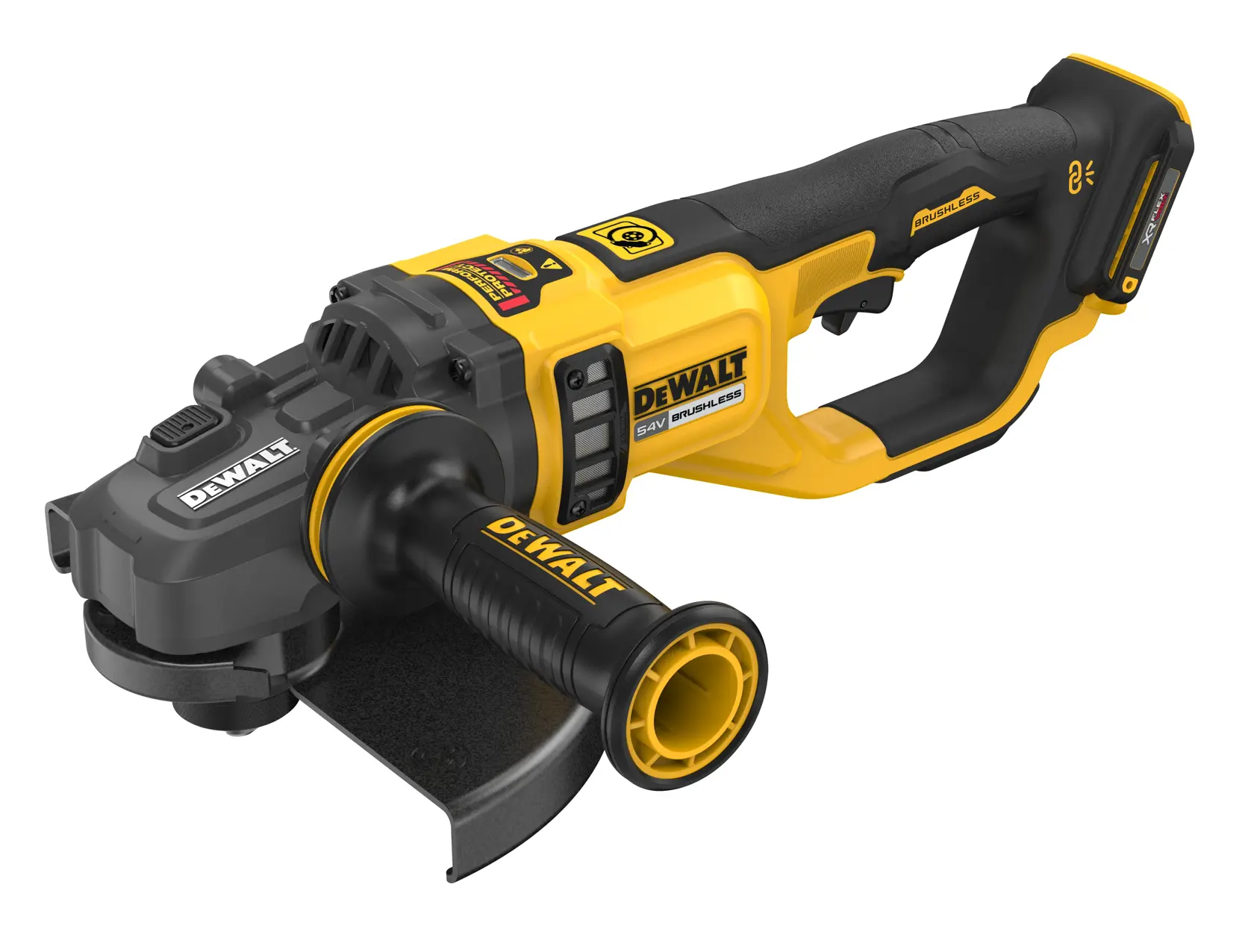 Uma esmerilhadeira angular sem fio DEWALT 54V brushless com design preto e amarelo, alça lateral e protetor. A ferramenta possui o logotipo DEWALT.