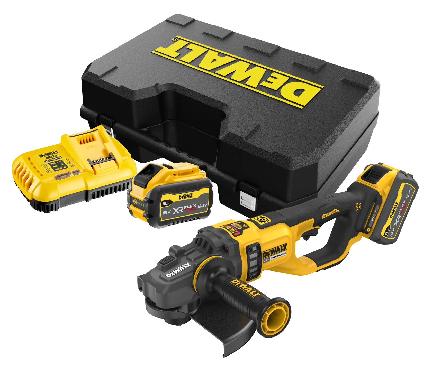 Um kit de esmerilhadeira angular sem fio DEWALT incluindo uma esmerilhadeira amarela e preta, duas baterias, um carregador e um estojo de transporte preto robusto com o logo DEWALT.