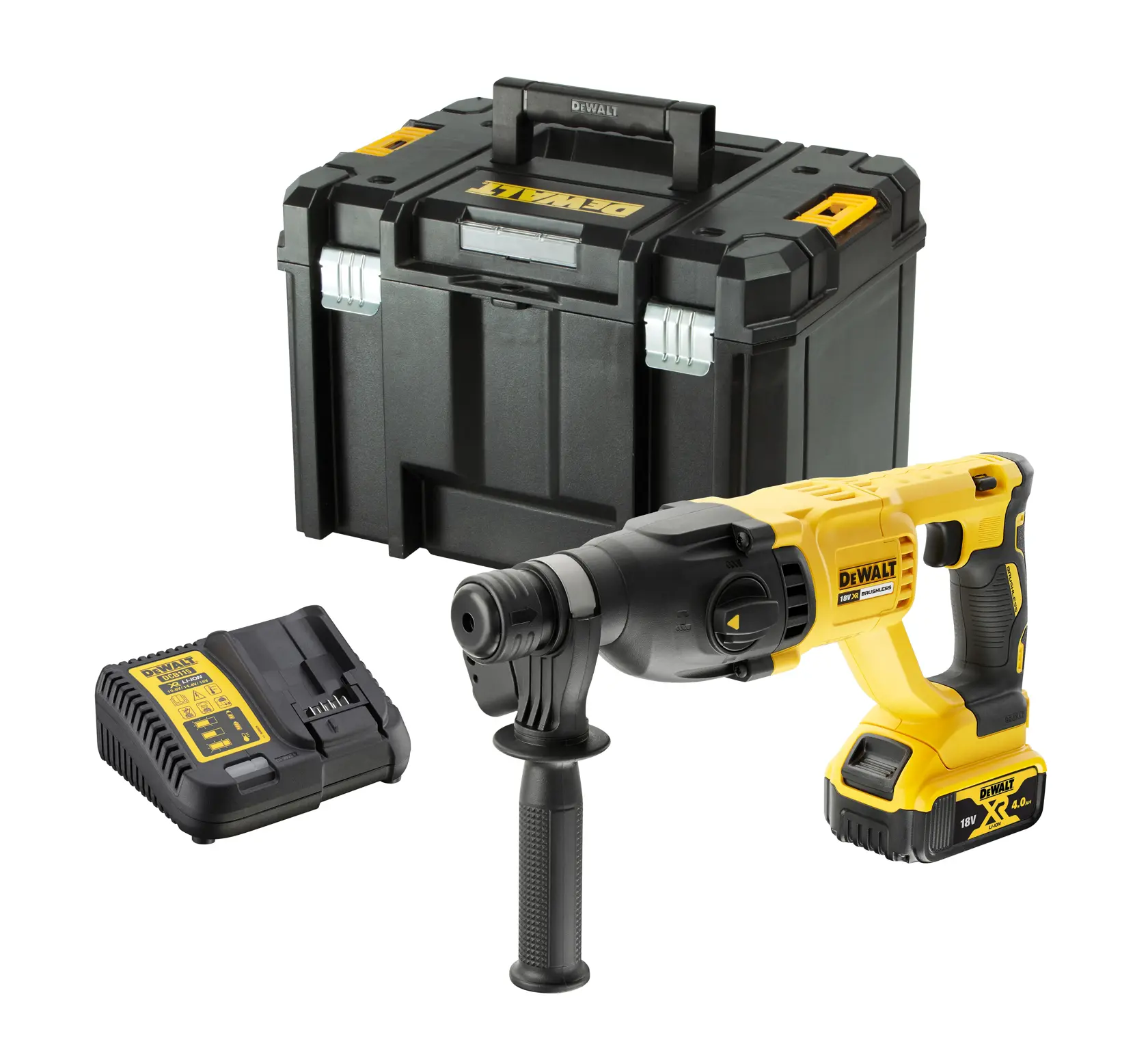 Kit de martillo rotativo inalámbrico DEWALT con batería, cargador y caja de herramientas negra resistente.