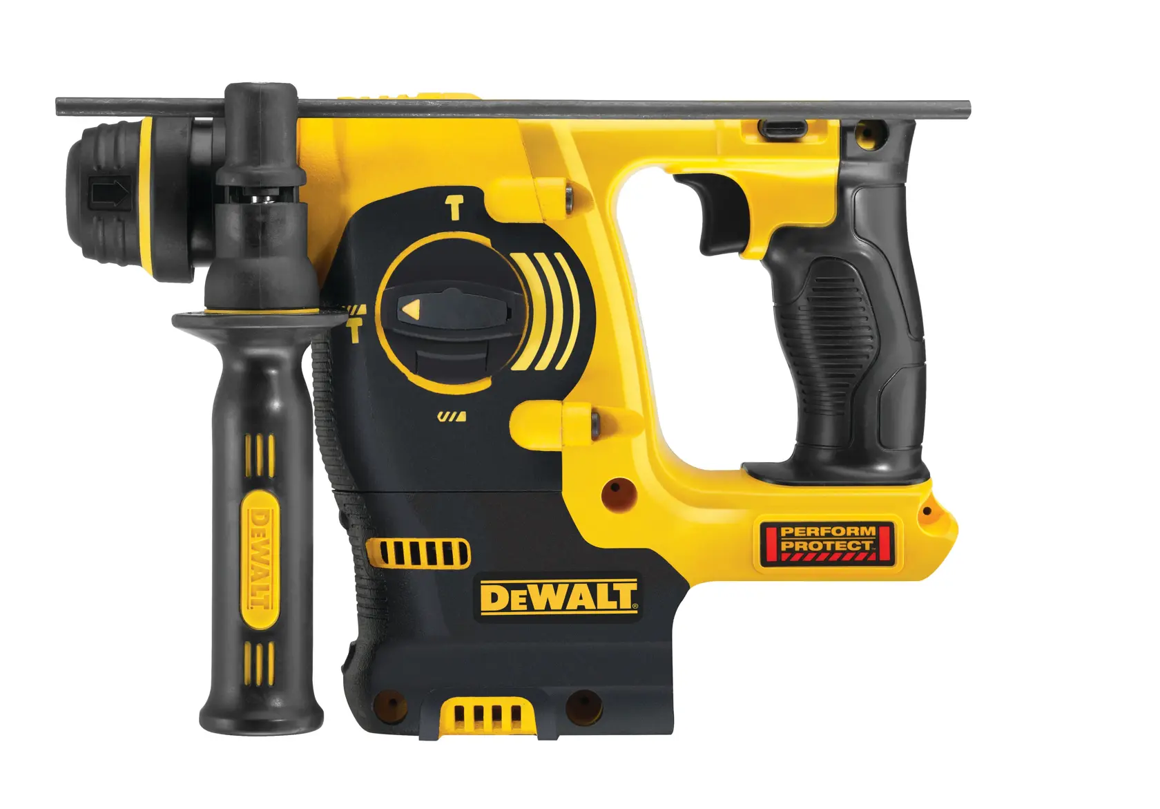 Martelo perfurador sem fio DEWALT nas cores amarela e preta, com cabo lateral e seletor de modo, visto de lado.